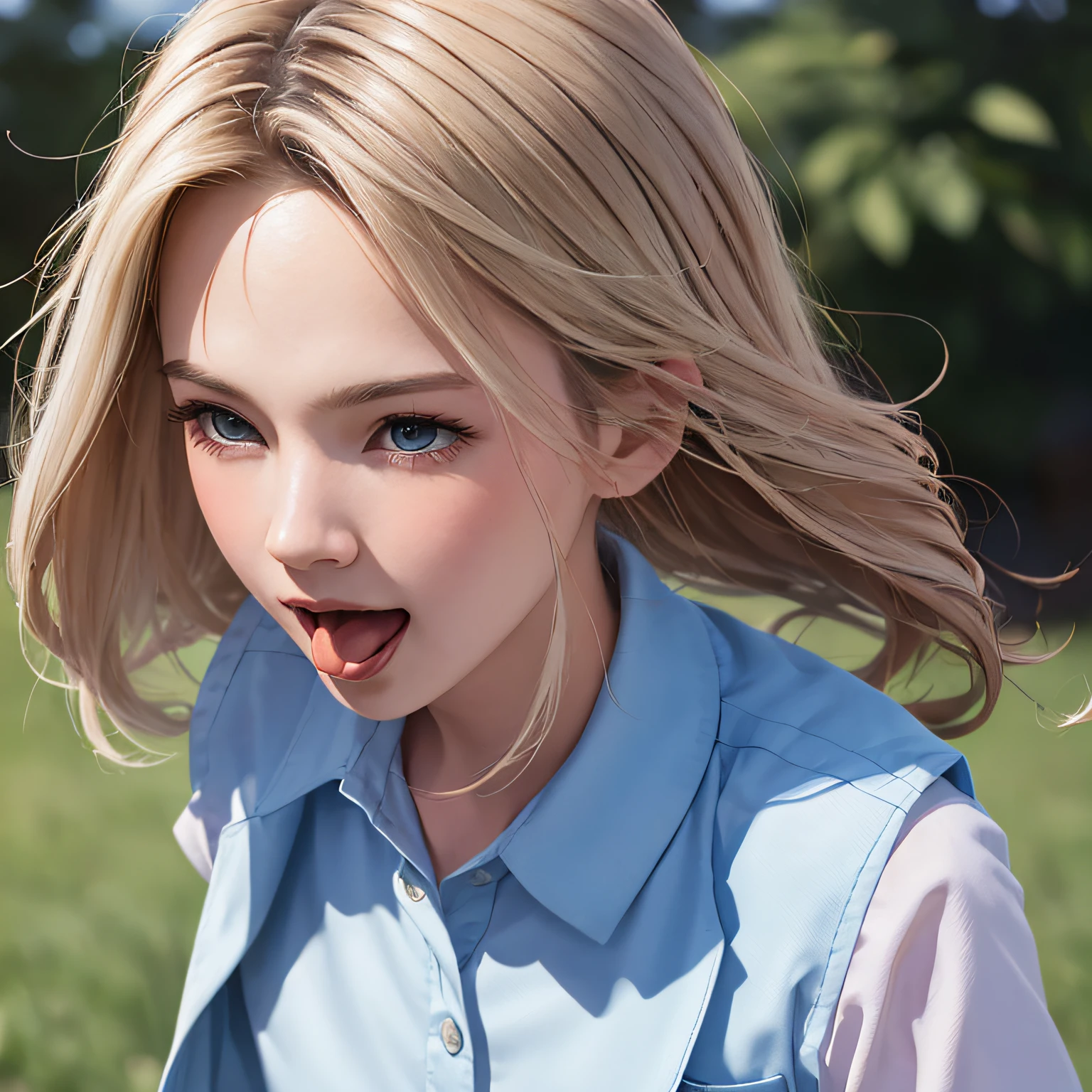 (8K, RAW Photos, of the highest quality, Masterpieces: 1.2), (Realistic, Photorealistic: 1.37), Highest Quality, Ultra High Resolution, light leaks, Dynamic lighting, Slim and smooth skin, (Full body:1.3), (Soft Saturation: 1.6), (Fair skin: 1.2), (Glossy skin: 1.1), Oiled skin, 22 years old, Night, shiny white blonde, Well-formed, Hair fluttering in the wind, Close-up shot of face only, Physically Based Rendering, From multiple angles, A big smile, School uniform, Beige vest, thunderstorm, The Flash, stick out your tongue a little