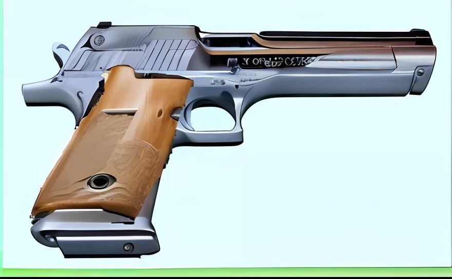 Close up of gun with wooden handle isolated on blue background, Handgun, realistic gun design, realistic gun, products photo from gun magazine, p90, realistic weapon, immaculate shading, beautiful surreal pistol, pistols, gun, Profile on the right, 3/4 view realistic, pistols, highly detailed carving on, 2011