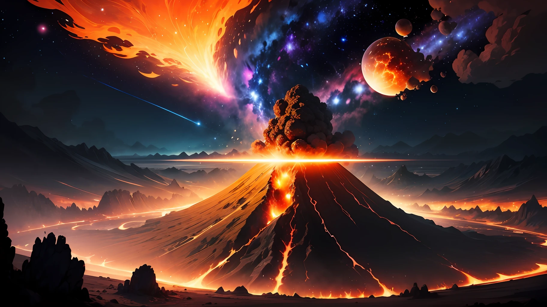 Black holes in the distance are ravaging the Milky Way,Located in space,Deep starry sky,the boundless universe,mistic,fantasy,erupting volcano,It's full of danger,There was magma everywhere --auto