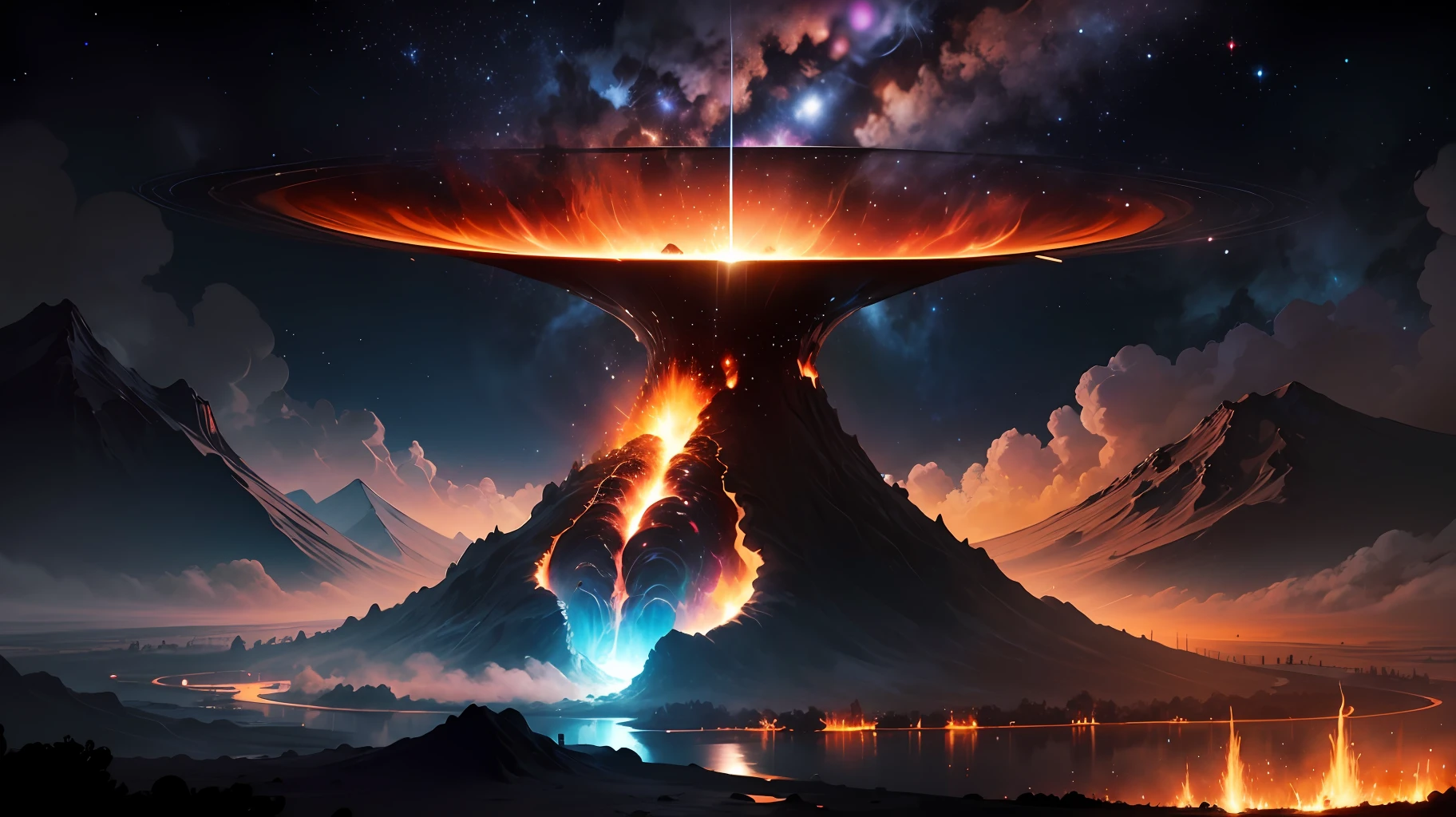 Black holes in the distance are ravaging the Milky Way,Located in space,Deep starry sky,the boundless universe,mistic,fantasy,erupting volcano,It's full of danger,There was magma everywhere --auto