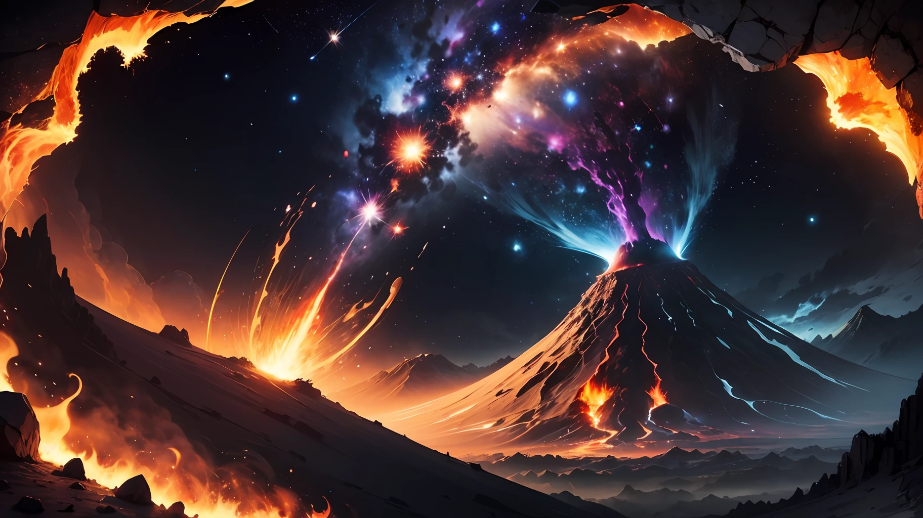 Black holes in the distance are ravaging the Milky Way,Located in space,Deep starry sky,the boundless universe,mistic,fantasy,erupting volcano,It's full of danger,There was magma everywhere --auto