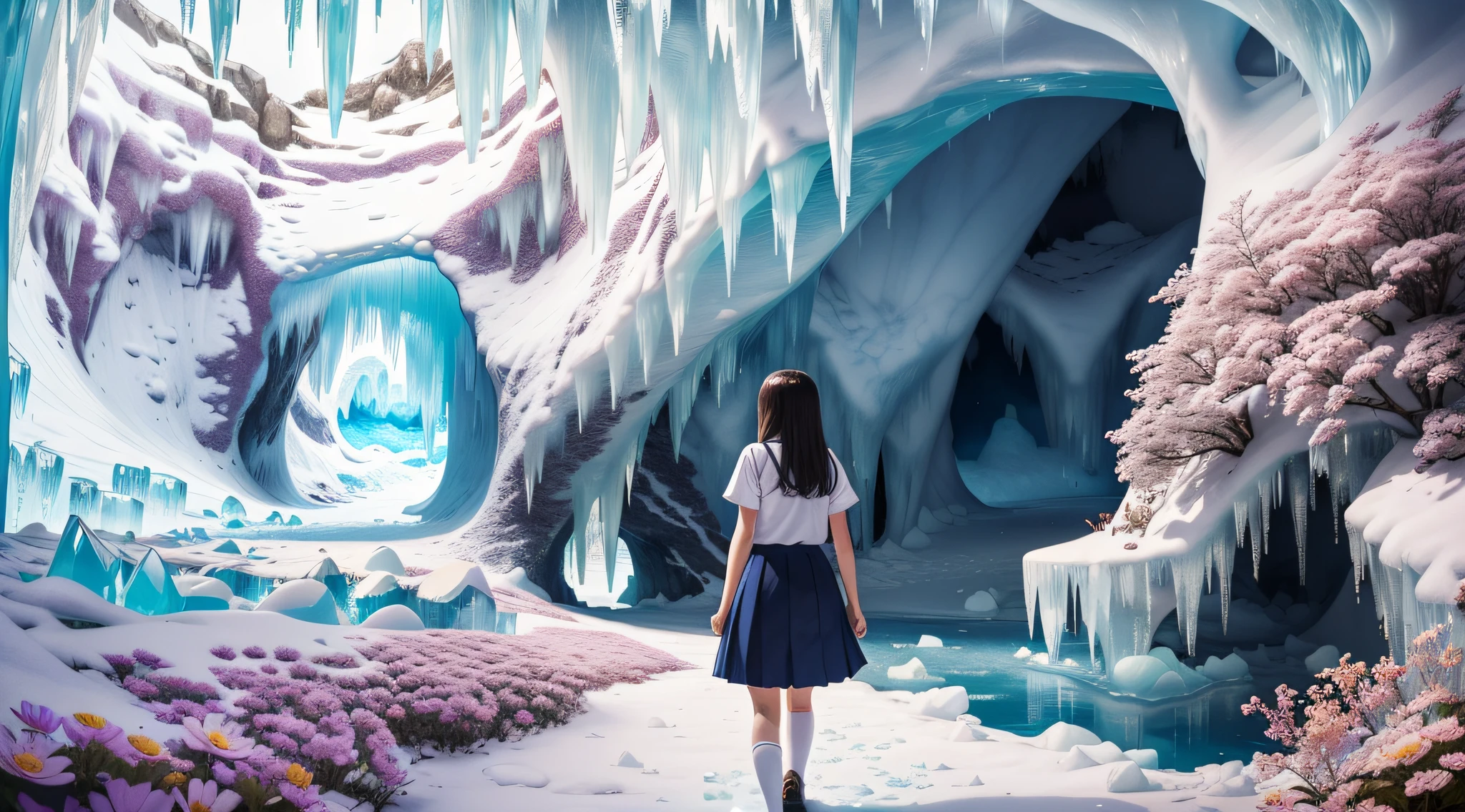 (masterpiece), (best quality), (ultra-detailed), (Amazing:1.1), 8mm f4 fisheye lens, slightly bird's-eye view, ((((full body), back shot, walking))), ((((A high school girl with a full body back shot in the beautiful ice cave and many flowers)))), shining jewel, bright light angel ladder, (((((without looking at me))))), ((A beautiful high school girl lost in a surreal world of dreamlike landscapes)), (17 yr old), (((beautiful ice cave))), A high school girl who goes on a road without a road, wind flow, flowers bloom, (((wearing simple school uniform))), black hair, 8 life size, detailed hairstyles, detailed bodyline, (((fantasy))), frontier, surrealism, (magnificent space), concept art, raw, wallpaper, poster, sharp focus, hyperrealism, crystalline, perfectionism, 4k UHD,