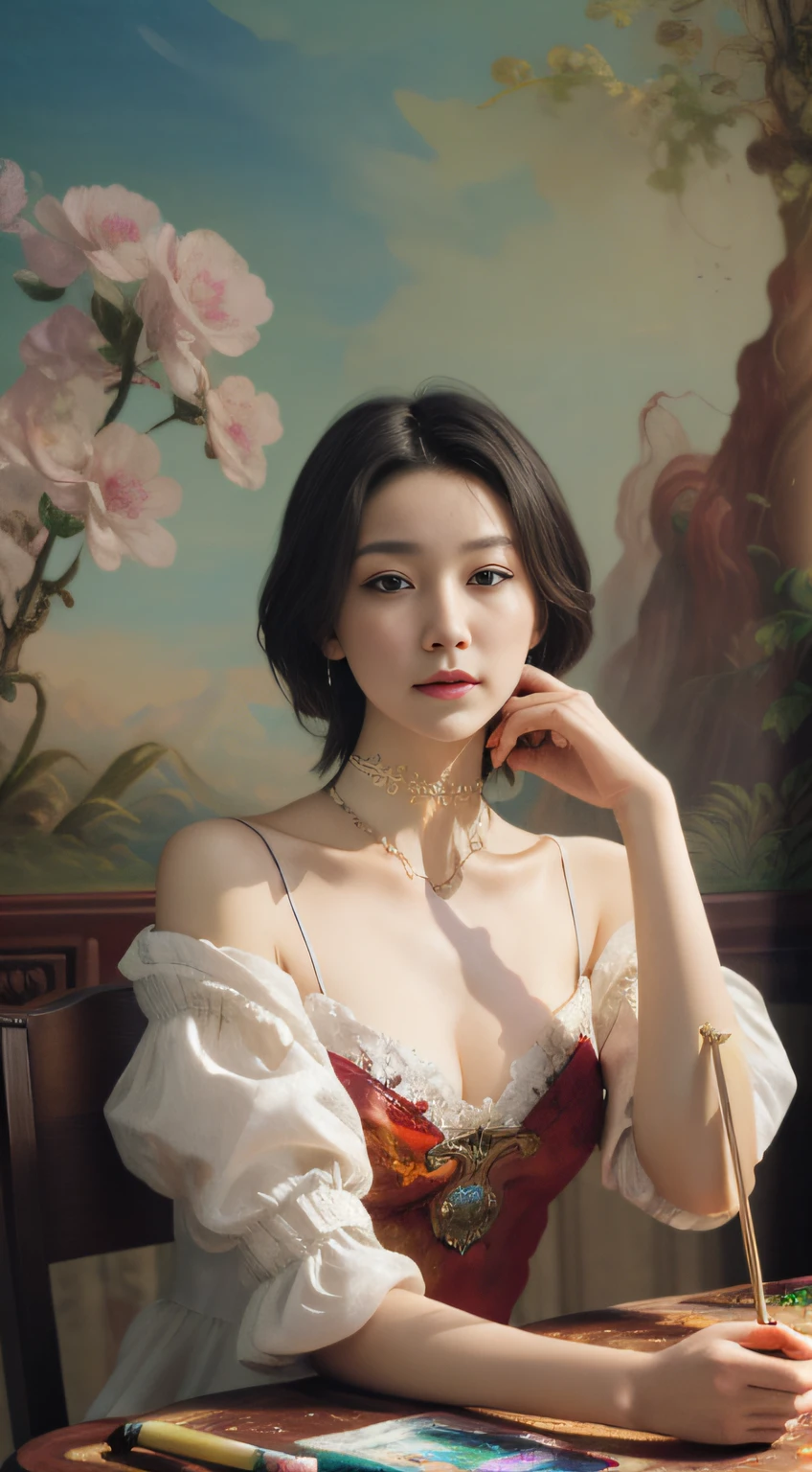 (Masterpiece, absurderes, Highly detailed:1.3), dream-state, Digital painting beauty, (Sitting, mature, Slim, Slender,) view the viewer, (Masterpiece), (Best quality:1.2), absurderes, Intricate details, skin indentation, cleavage, Huge breasts, (Highly detailed skin:1.2), (author:Alphonse Mucha Echo Chernik Megan Laura Cho Bingqiang), Sharp focus, Soft and colorful, Centered, symetry, picure, Intricate, voluminetric lighting, Beautiful, rich deep color, Ultra detailed, Digital painting, Mysterious magic, Focused, lush colors, Canon Eos 5d Mark IV and Fujifilm Superia X-TRA 400 film, (Extremely detailed oil painting:1.2), Glow effects, godrays, handpainted, Renders, 8K, rendering by octane, 4 d cinema, blender, Dark, Ultra-refined atmospheric 4K, cinematic sensual, Sharp focus, humorous illustration, great depth of field, Masterpiece, colours, 3d octane render, 4K, concept-art, trending on artstationh, Hyperrealistic, Vivid colors, Extremely detailed CG unified 8K wallpapers, trending on artstationh, trending on CGSociety, Intricate, High detail, Dramatic,1girll,Classroom photography,(whitet-shirt),stocklings,(short red dress)(((leg loops))),Neck ring,((Wearing a watch,choker necklace))(full bodyesbian:1.5