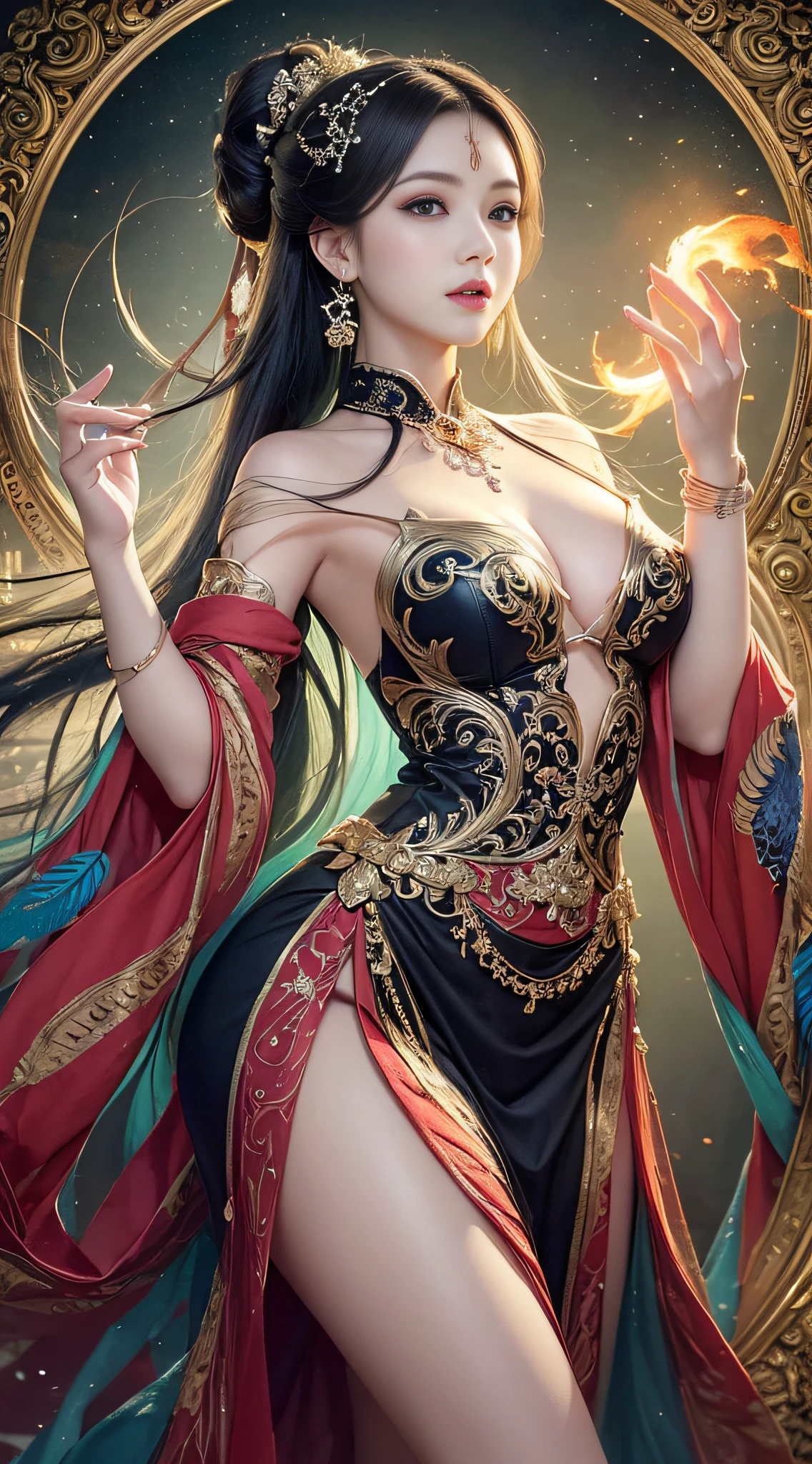 Er Jie, a girl with a smooth and dynamic posture, wearing a loose and flowing pink dress, with a mysterious expression and curly black pink hair, [Zhang Ziyi|Aishwarya Rai], bold and colorful abstract art in a modern and abstract environment, blurred background, bright lights, official art, Unity 8k wallpaper, (zentangle, mandala, tangled, tangled), intricate clothes, mid-style (whole body, from all directions, masterpiece, top quality, best quality, official art, Beauty and aesthetics: 1.2), very detailed, (fractal art: 1.1), (color: 1.1) (flowers: 1.3), highest detail, (zentangle: 1.2), (dynamic pose), (abstract background: 1.3), (shiny skin), (multiple colors: 1.4), (feathers: 1.5), dynamic angle, most beautiful chaotic forms, elegant, fauvist design, bright colors, romanticism, dark style beautiful princess of the underworld spooky bad smile complex tattoos Anime 3D Art Style 3D Dark Night Deep Black Sky Horror ((Cold Complex Skull Accessories )) (Guvez style artwork) ((Black Chinese-style underground palace with huge complex structure in background)) Leica lens Depth of field (Masterpiece, top quality, best quality, official art, Beauty and Aesthetics: 1.2), (1girl: 1.3), (Fractal Art: 1.3) (Masterpiece, Top Quality, Best Quality, Official Art, Beauty and Aesthetics: 1.2), (1girl), Extreme Detail, Colorful, Highest Detail, Official Art, Unified 8k Wallpaper, Ultra Detailed, Beautiful and Aesthetic, Beautiful, Masterpiece, Best Quality, (Zentangle, Mandala, Tangled, Entangle), Holy Light, Gold Leaf, Gold Foil Art, Glitter Drawing, PerfectNwsjMajic M Desfi masterpiece, the best quality, hair becomes fire, hair is on fire, fantasy, (Ray: 1.05), Orange Light Particles, Landscape, Fire, Beautiful and Detailed Explosion, Beautiful Detailed Glow, Flame Burning Around, Flame Burning Around, Fire Feather, Burning, (Burning Forest: 1.34), (Bare Trees: 1.05), Ash, (Red Sun: 1.05), (Flame Around Character: 1.1), Solo, Crazy Smile, (Detail: 1.05), High Resolution Illustration, Radiant Skin, Colorful, (Ultra Fine: 1.1), (Illustration: 1.05), (Detail Light: 1.05), (Extremely Delicate Beauty: 1.1), Beautiful Detail Girl, Depth of Field, white_long_hair, orange_eyes, eyelashes, dark eyelashes, eyeliner, soft glowing eyes, (masterpiece, top quality, best quality, official art, beauty and aesthetics: 1.2), (1girl: 1.3), very detailed, (fractal art: 1.1), (color: 1.1) (flowers: 1.3), most detailed, (zentangle: 1.2), (dynamic pose), ( abstract background:1.3), (shiny skin), (many colors:1.4), ,(earrings), (feathers:1.5), (flamethrower:1.3), red background, phoenix skirt, (masterpiece, top quality, best quality, official art, Beauty and Aesthetics: 1.2), (1girl: 1.3), (fractal art: 1.3), Masterpiece, (Best quality: 1.2), (Ultra Fine: 1.2), Illustration, (Extremely delicate and beautiful: 1.2), Cinematic angle, floating, (Beautiful detail eyes: 1.1), (Detail light: 1.1), Cinematic lighting, exquisite sky, woman, white hair, blue eyes, (high ponytail: 1.1), cape, glowing eyes, (moon: 1.2), (moonlight: 1.1), starry sky, (light particles: 1.1), fog, snow painting, sketching, blooming,anime girl in white dress with flowing hair and stars, Guvez style artwork, fantasy art style, beautiful digital artwork, beautiful character painting, Yang J, beautiful digital illustration, stunning digital illustration, 8k high quality detail art, li song, guvitz, digital fantasy art), beautiful fantasy art, trending on cgstation, (masterpiece, top quality, best, official art, beautiful and aesthetic, Long exposure: 1.2), smooth movement, charming pattern, 1 girl, (long skirt with sleeves: 1.3), upper body close-up, no shoulders, chinese girl, blush, black lob hair, portrait, solo, upper body, gaze observer, detailed background, detailed face, (crystallineAI, crystalline theme:1.1), elemental wood sprite, rotating leaves, controlling leaves, emerald clothes, dynamic pose, floating particles, Ethereal Power, Leaves, Steam, Forest in Background, Green Tones, Forest, Ethereal Atmosphere, Official Art, Unified 8k Wallpaper, Ultra Detailed, Beautiful and Aesthetic, Masterpiece, Best Quality, (Zentangle, Mandala, Tangled, Entangled), (Fractal Art: 1.3), 1girl, Very Detailed, Dynamic Angle, Cowboyshot, Most Beautiful Forms Chaotic, Elegant, Fauvist Design, Bright Colors, Romanticism, James Jean, Robbie Devi Antono, Ross Tran, Francis Bacon, Michal Mraz, Adrian Ganey, Petra Cortwright, Gerhard Richter, Takashi Yamamoto, Ashley Wood, atmospheric, ecstatic notes, flow notes visible, -V6 --q2 ---s750