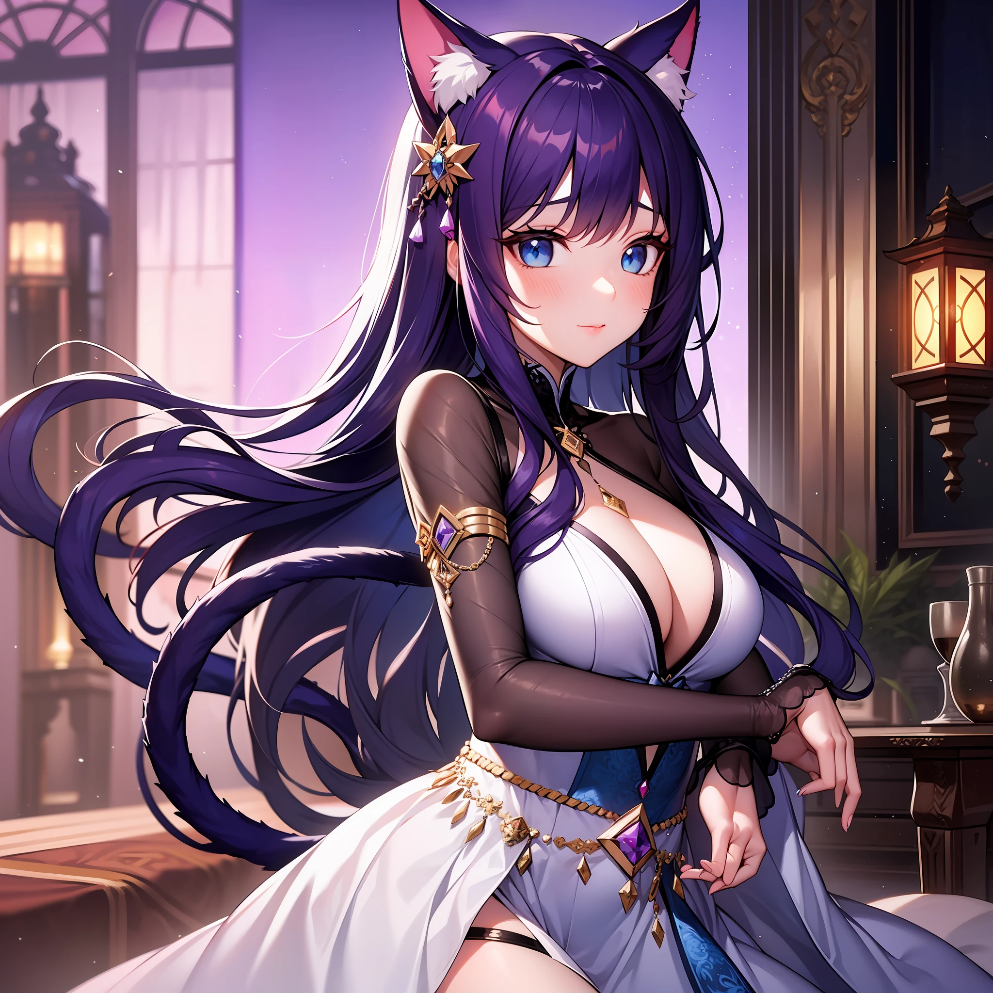 Girl, cute features, bright blue eyes, long dark purple hair, white light dress with cute jewels, cat ears and tail