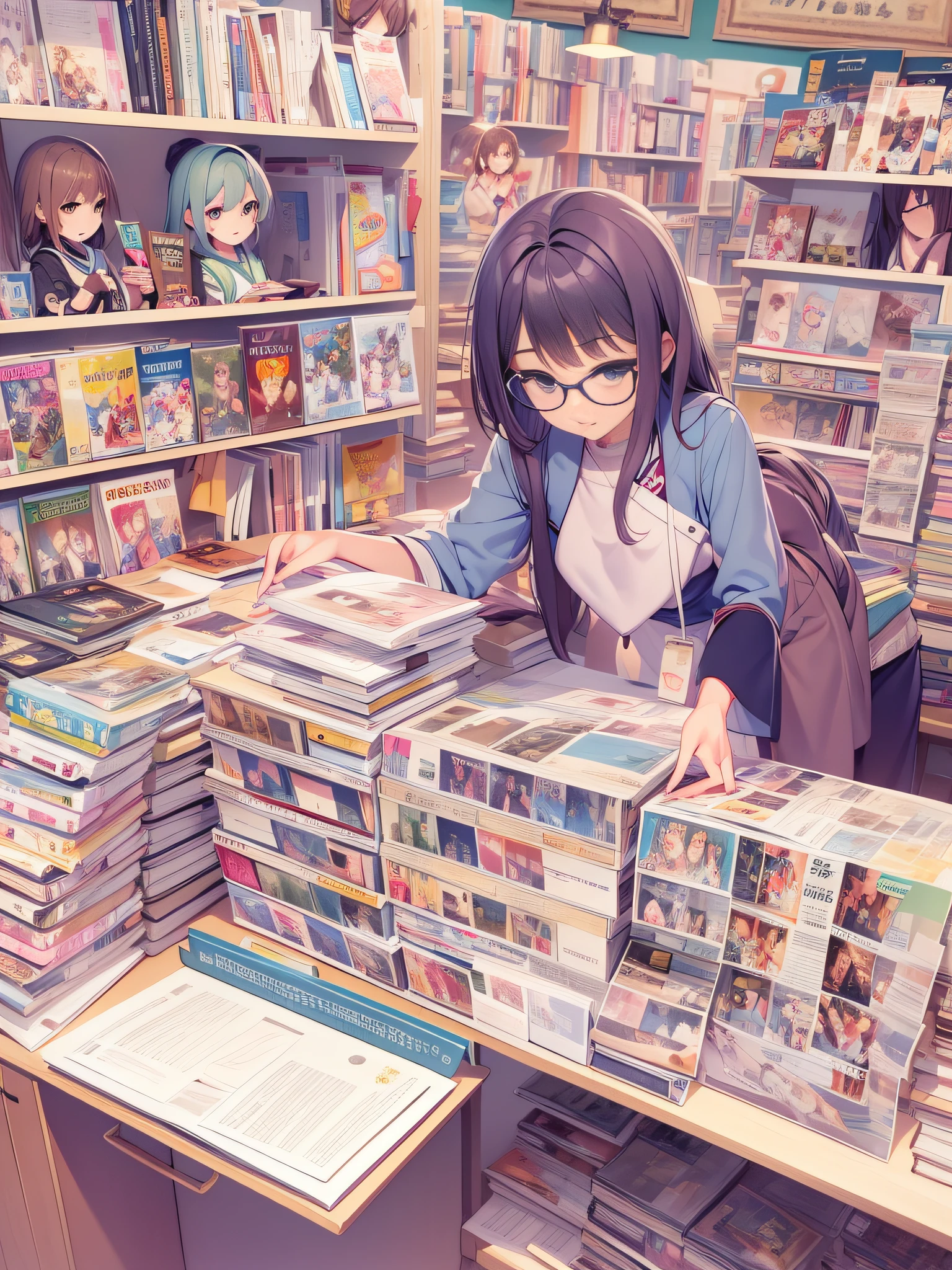 (((Dōjinshi Sale))), Japan characters, There are many manga and anime books on the desk,Seller of 3 girls in anime cosplay costumes,Standing in front of a desk、 Creative book cover with anime illustrations, wide angles, eye glasses,People standing around tables for books and magazines々, nffsw, animesque,Wide Shot, Manga and anime, lolish, event,Cute seller, lots of light,Adult buyer facing the seller