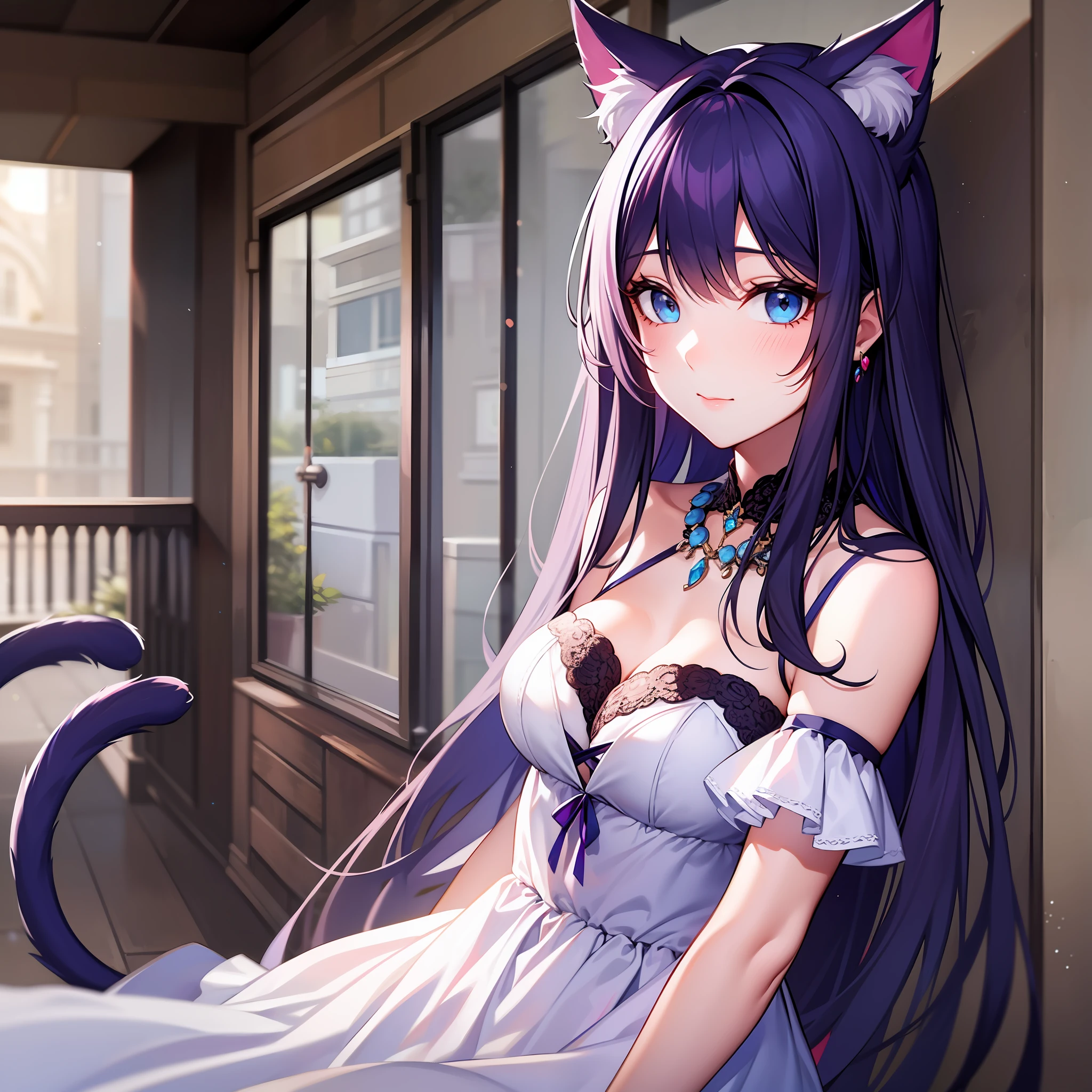 Girl, cute features, bright blue eyes, long dark purple hair, white light dress with cute jewels, cat ears and tail