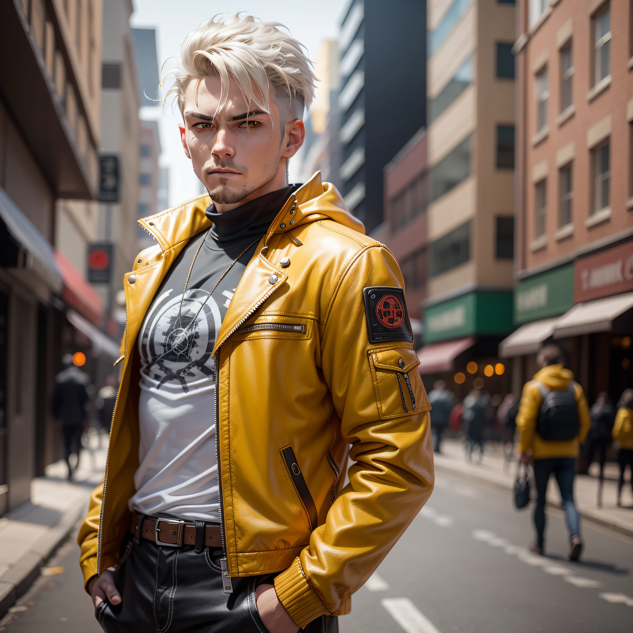 Task ID:48158460334149 Nordic man standing on the street with undercut haircut and yellow leather jacket and hair, Portrait of a Bloody Hunter, Badass anime 8k