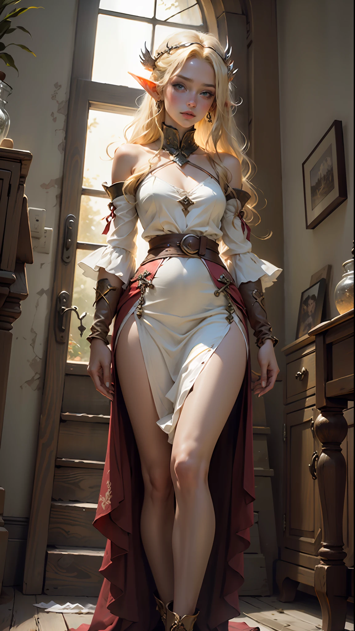 Beauty in the hair，diadems，Blonde Elf Princess，Long gauze skirt，Artistic sense