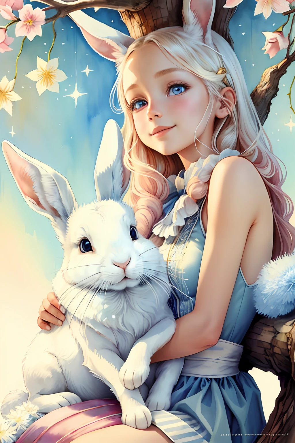 By Amanda Sage ,brilliant close-up of a cute and adorable white hare, a broadly smiling creature in a tree, filigree, long striped tail, reflective eyes, pastel flowers, headlights, lights, extremely cute and detailed eyes . Magic, surreal, fantasy, digital art, Wonderland Alice, slap, Extremely detailed teeth, Cute teeth, Children's storybook style, Soft colors, watercolor style , fashion magazine cover No text, no logo, no wordmark, no writing, no heading, no signature