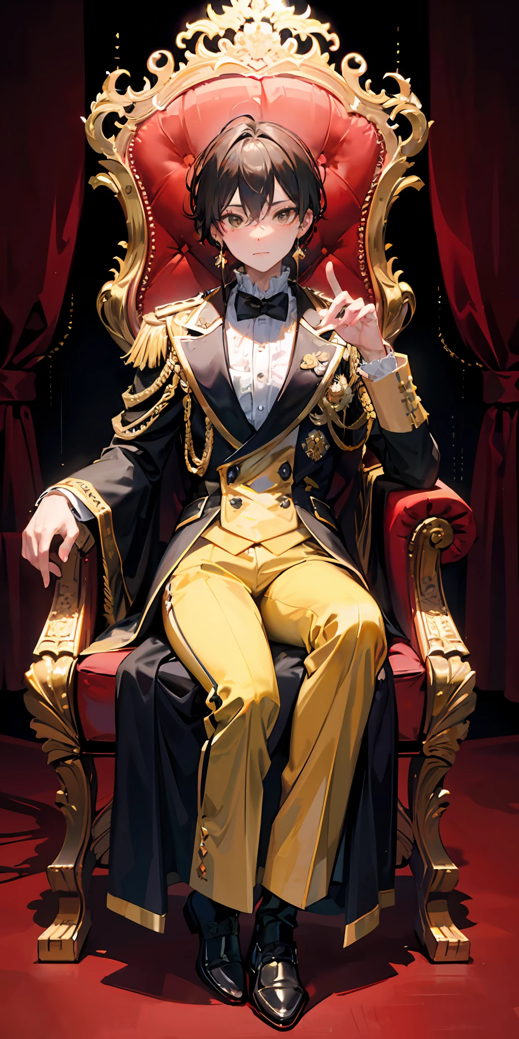 "(Prince), dressed in elegant black and golden attire, seated regally on a majestic throne sofa, against a lavish royal wall backdrop, captured in a magnificent full body shot."