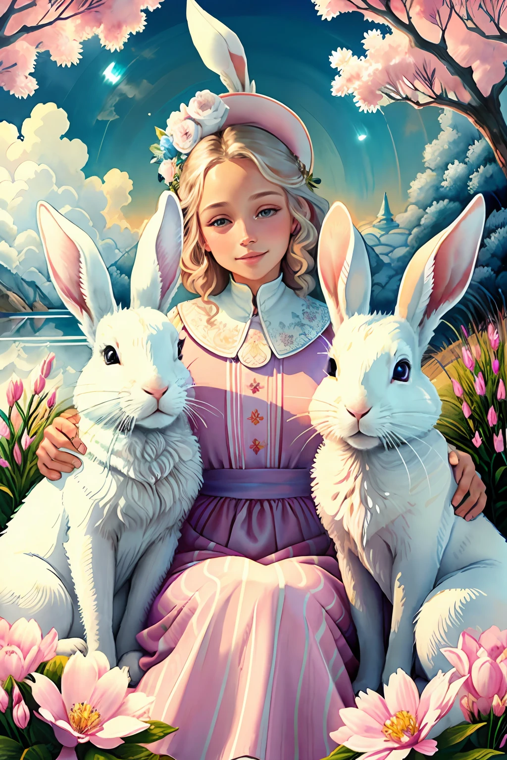 By Amanda Sage ,brilliant close-up of a cute and adorable white hare, a broadly smiling creature in a tree, filigree, long striped tail, reflective eyes, pastel flowers, headlights, lights, extremely cute and detailed eyes . Magic, surreal, fantasy, digital art, Wonderland Alice, slap, Extremely detailed teeth, Cute teeth, Children's storybook style, Soft colors, watercolor style , fashion magazine cover No text, no logo, no wordmark, no writing, no heading, no signature