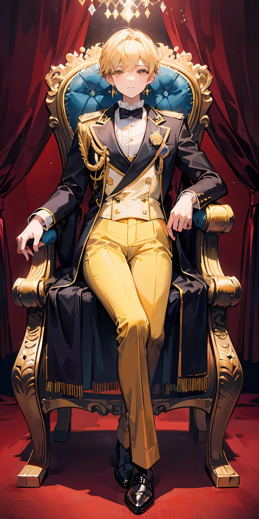"(Prince), dressed in elegant black and golden attire, seated regally on a majestic throne sofa, against a lavish royal wall backdrop, captured in a magnificent full body shot."