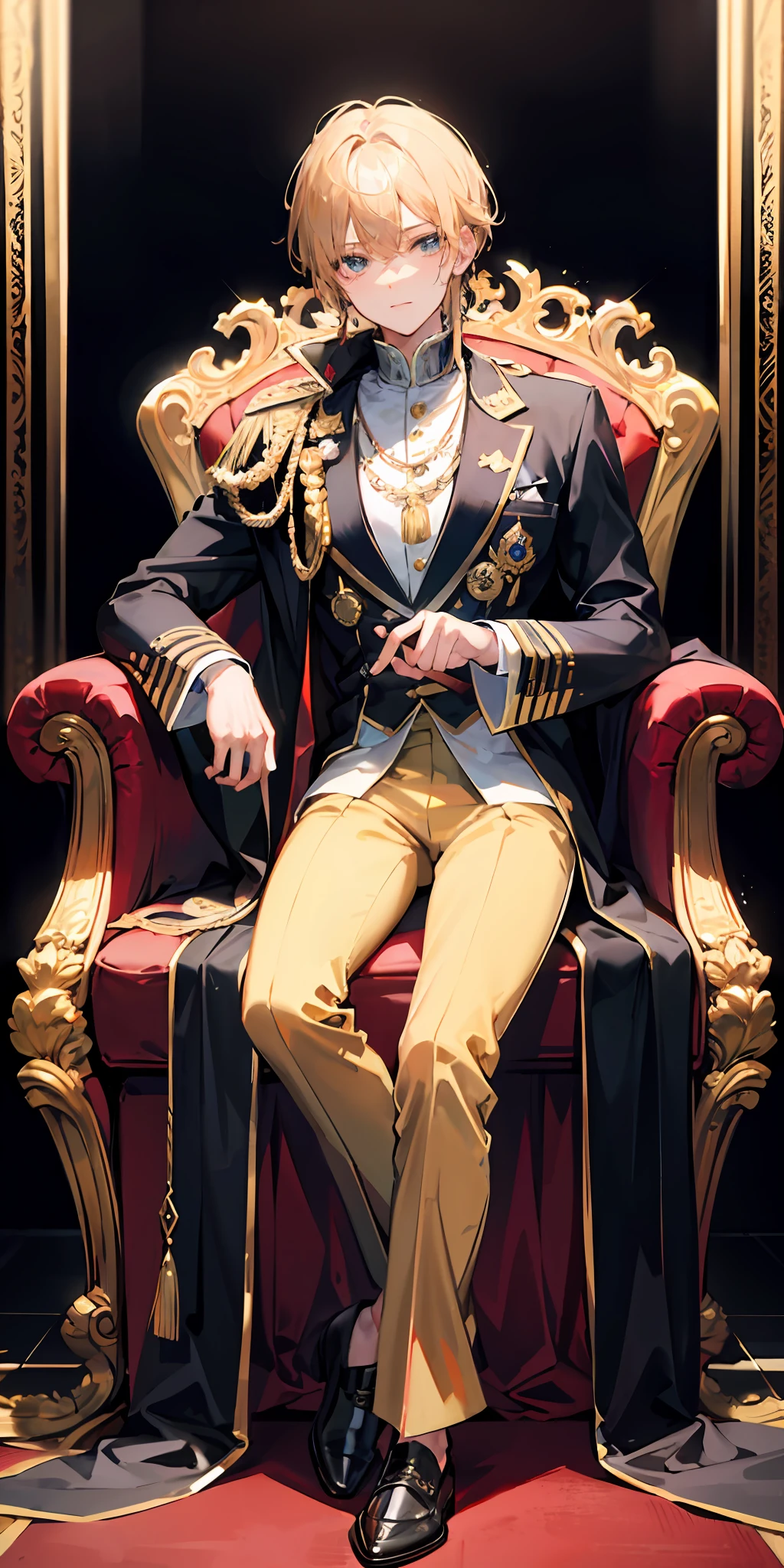 "(Prince), dressed in elegant black and golden attire, seated regally on a majestic throne sofa, against a lavish royal wall backdrop, captured in a magnificent full body shot."
