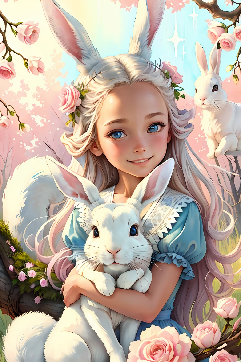 By Amanda Sage ,brilliant close-up of a cute and adorable white hare, a broadly smiling creature in a tree, filigree, long striped tail, reflective eyes, pastel flowers, headlights, lights, extremely cute and detailed eyes . Magic, surreal, fantasy, digital art, Wonderland Alice, slap, Extremely detailed teeth, Cute teeth, Children's storybook style, Soft colors, watercolor style , fashion magazine cover No text, no logo, no wordmark, no writing, no heading, no signature