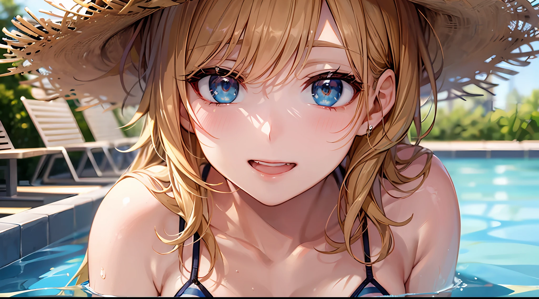 Striped Micro Bikini、(Brown skin)、(Blonde Shorthair)、(Wearing a straw hat)、年轻、Cute、a beauty girl、Perfect Style、Colossal tits、Emphasizes cleavage、A slight smil、8k、ighly detailed、top-quality、Top image quality、超A high resolution、masterpiece、(one girls)、swimming pools