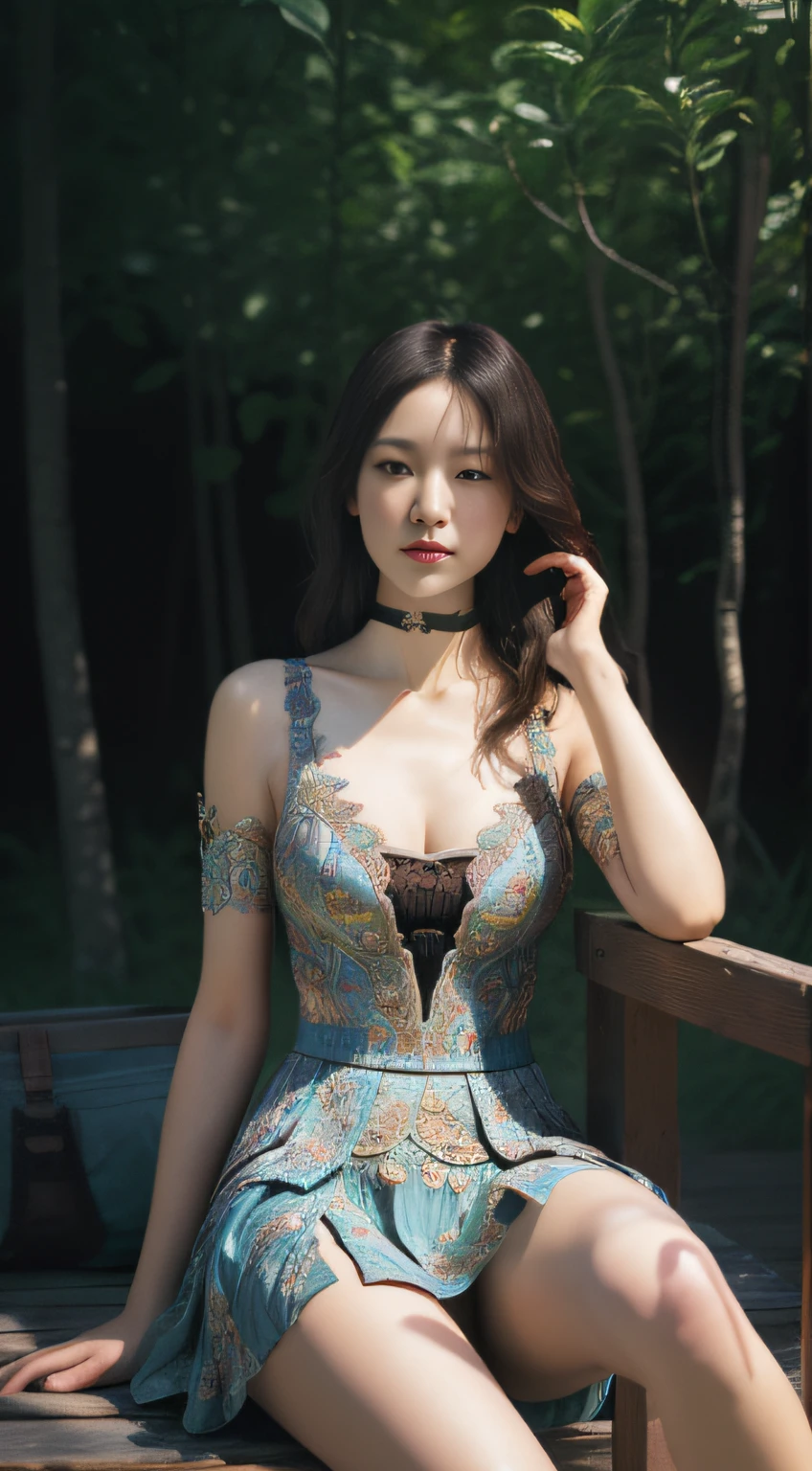 (Masterpiece, absurderes, Highly detailed:1.3), dream-state, Digital painting beauty, (Sitting, mature, Slim, Slender,) view the viewer, (Masterpiece), (Best quality:1.2), absurderes, Intricate details, skin indentation, cleavage, Huge breasts, (Highly detailed skin:1.2), (author：Alphonse Mucha Echo Chernik Megan Laura Cho Bingqiang), Sharp focus, Soft and colorful, Centered, symetry, picure, Intricate, voluminetric lighting, Beautiful, rich deep color, Ultra detailed, Digital painting, Mysterious magic, Focused, lush colors, Canon Eos 5d Mark IV and Fujifilm Superia X-TRA 400 film, (Extremely detailed oil painting:1.2), Glow effects, godrays, handpainted, Renders, 8K, rendering by octane, 4 d cinema, blender, Dark, Ultra-refined atmospheric 4K, cinematic sensual, Sharp focus, humorous illustration, great depth of field, Masterpiece, colours, 3d octane render, 4K, concept-art, trending on artstationh, Hyperrealistic, Vivid colors, Extremely detailed CG unified 8K wallpapers, trending on artstationh, trending on CGSociety, Intricate, High detail, Dramatic，1girll，Outdoor playground photography，（Sports T-shirt），stocklings，（Sporty skirts）（（（leg loops））），Neck ring，（（Wear a bracelet，choker necklace））（full bodyesbian：1.5
