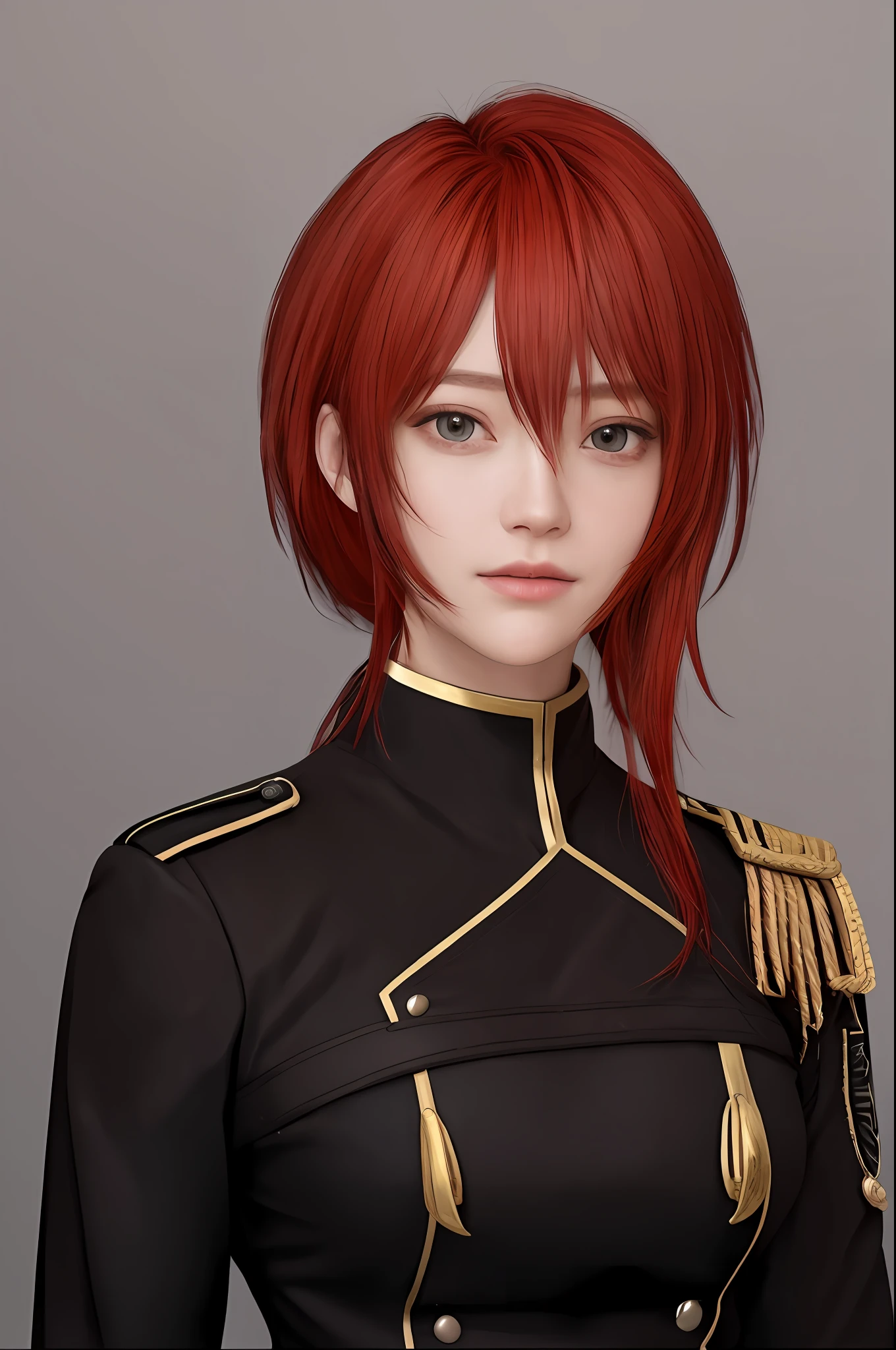 a close up of a person with red hair wearing a uniform, fine details. girls frontline, detailed anime character art, from girls frontline, female anime character, detailed portrait of girl, highly detailed exquisite fanart, girls frontline style, portrait knights of zodiac girl, portrait of girl, character, with red hair, she has red hair, gilded black uniform, realistic, ulta detail