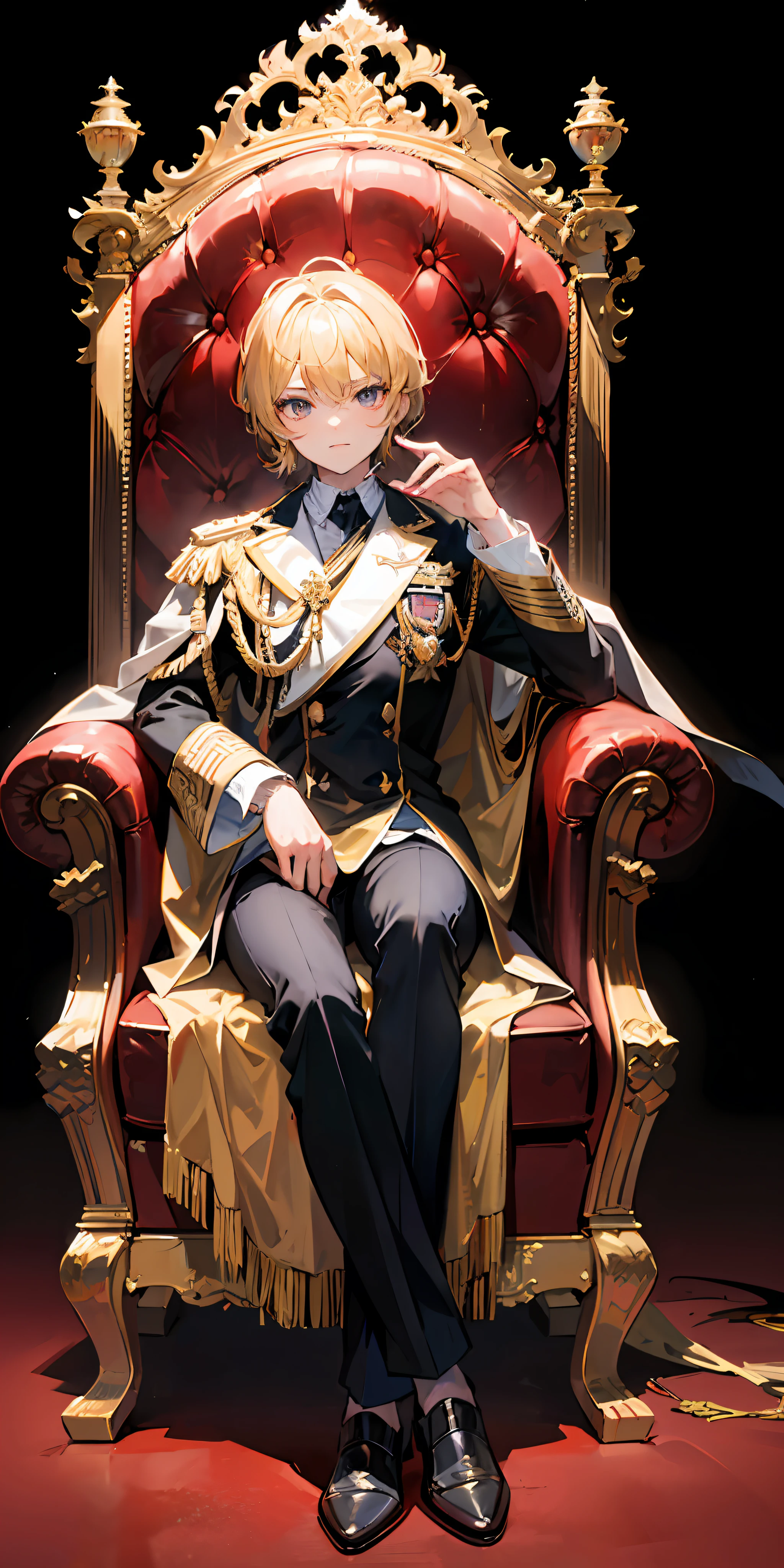 "(Prince), dressed in elegant black and golden attire, seated regally on a majestic throne sofa, against a lavish royal wall backdrop, captured in a magnificent full body shot."