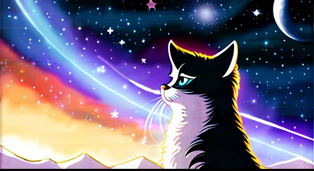 space cat, Moody, Salt and pepper punk hair, Profile picture, universe background, Steampunk fantasy by Greg Manches and Makoto Shinkai, trending on artstationh, [:vibrant digital painting:0.4]