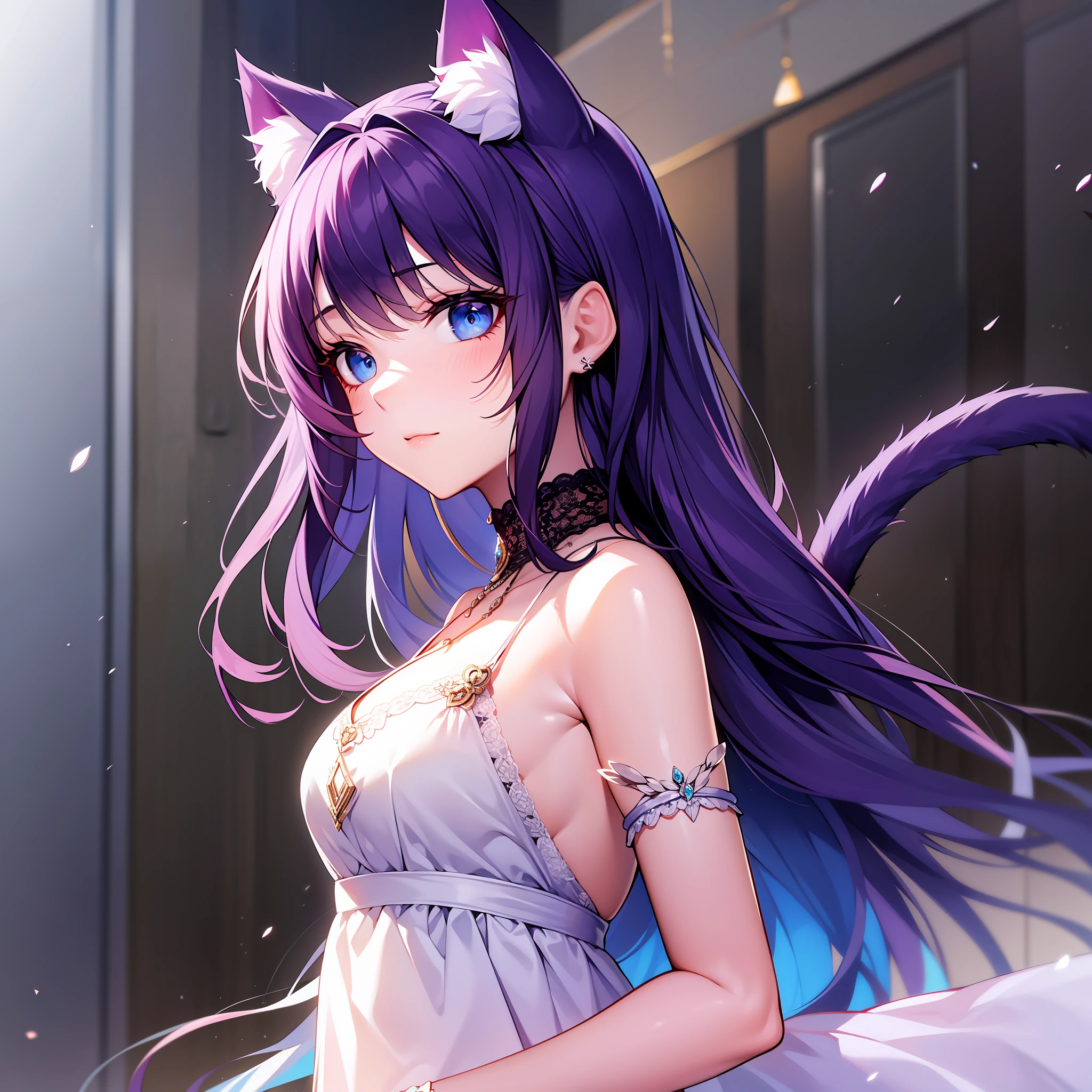 Girl, cute features, bright blue eyes, long dark purple hair, white light dress with cute jewels, cat ears and tail