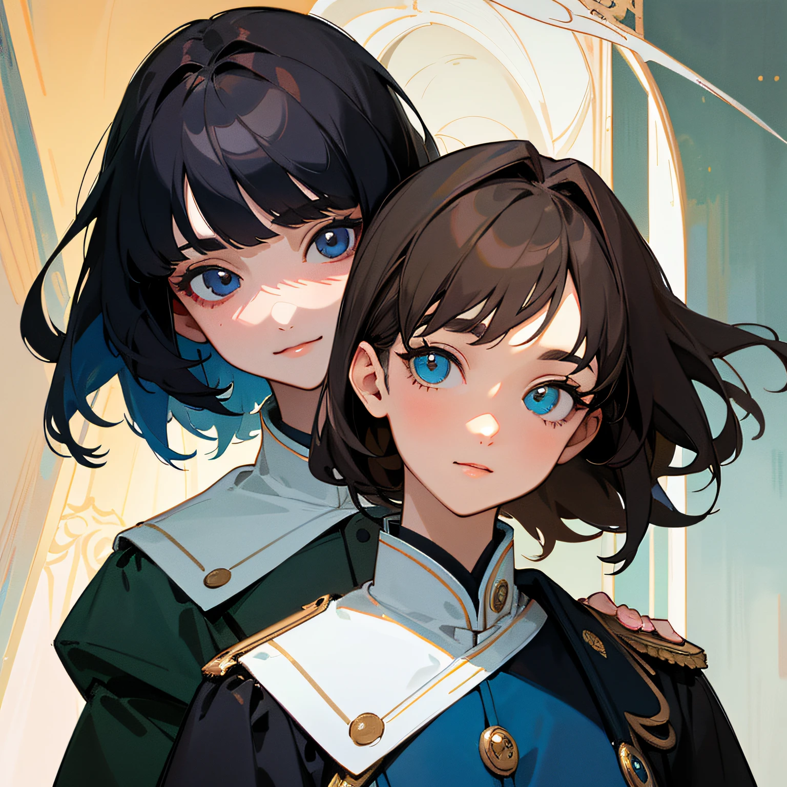 hight resolution,ultra-detailliert,Official art,Beauty and aesthetics,​masterpiece,best qualtiy,ighly detailed,Variegated,Most details、Shining eyes、Detailed eyes、face perfect、enigmatic、A dark-haired、National Uniform、Dance by two women、a smile