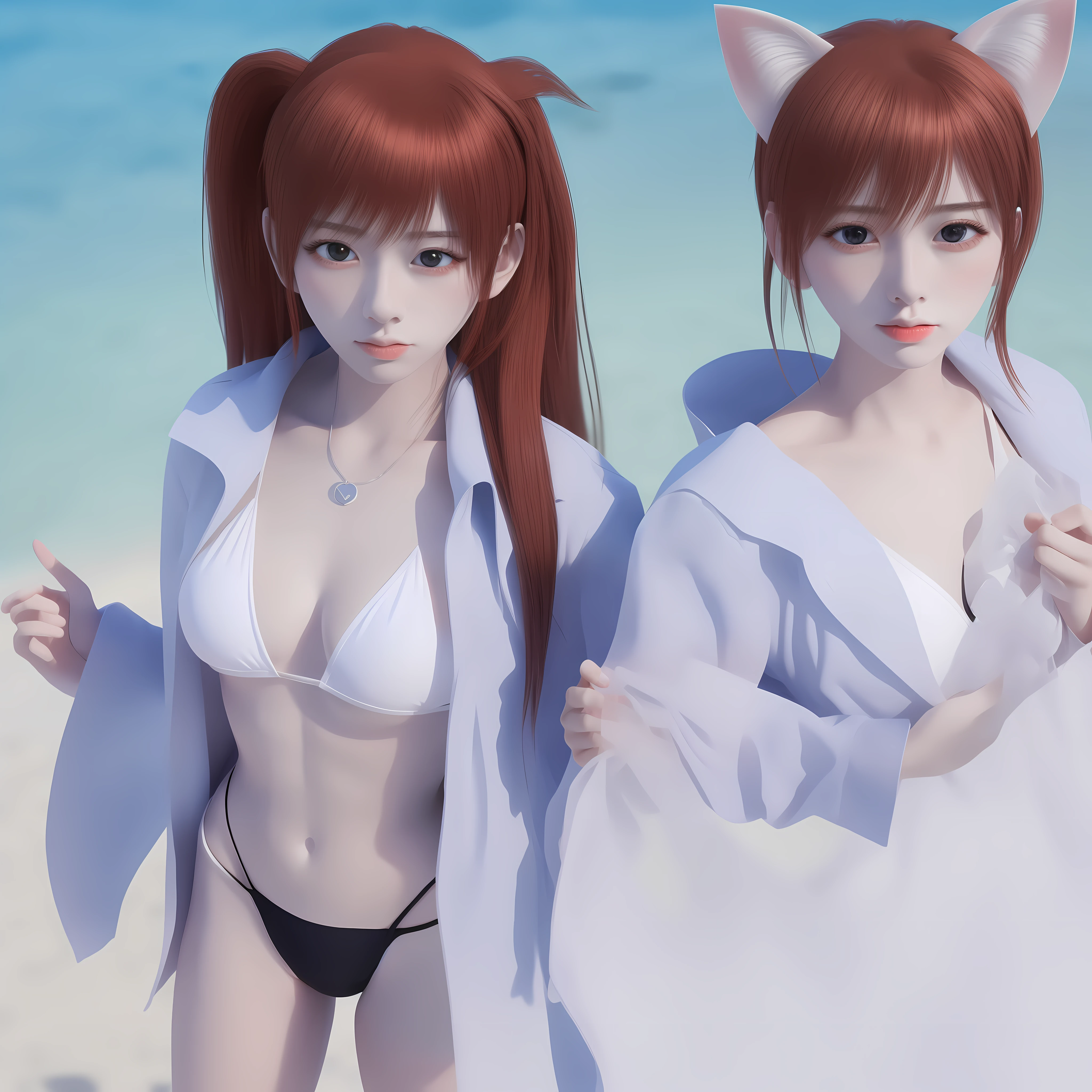 Clear scarf jacket standing on the beach, 3 d anime realistic, Anime girl cosplay, hyper realistic anime, Attractive cat girl, trending on cgstation, Realistic anime, , beautiful anime catgirl, , anime catgirl,The chest is transparent,in a bikini