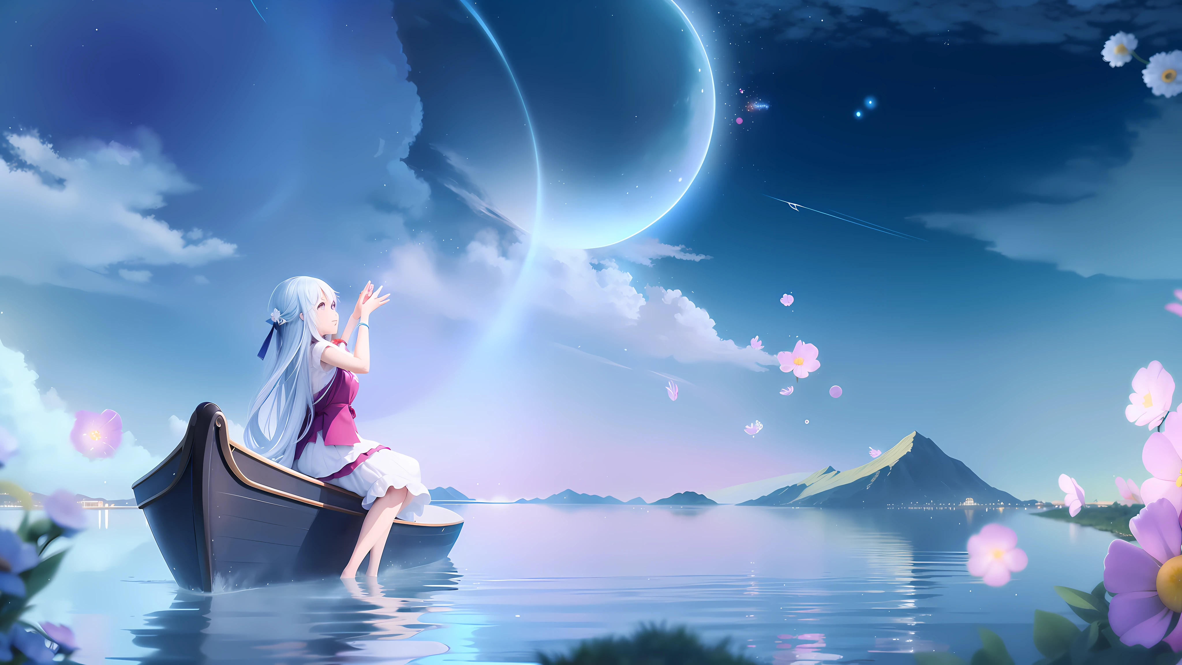 anime girl sitting on a boat in the middle of a lake, anime beautiful peace scene, ethereal anime, tranquility of the endless stars, wallpaper anime blue water, beautiful fantasy anime, anime background, beautiful anime scene, anime girl walking on water, magical dream-like atmosphere, beautiful anime artwork, anime picture, anime background art, beautiful anime, anime fantasy illustration --auto