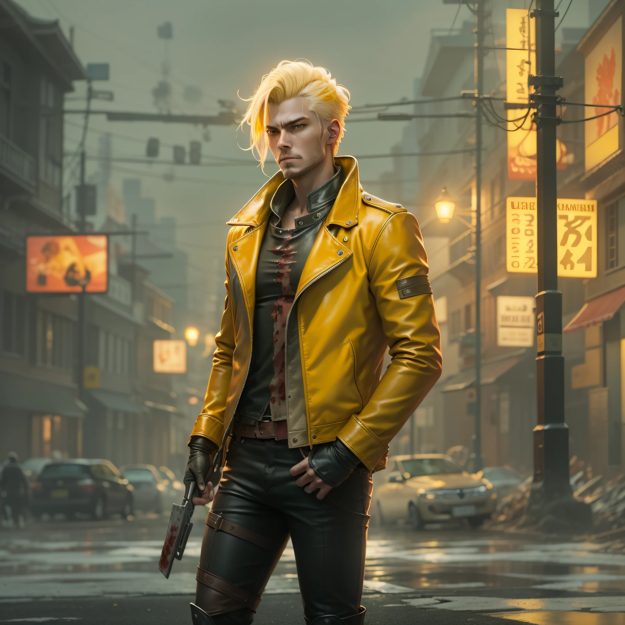 Task ID:48193229307973 Nordic man standing in the street with undercut haircut and yellow leather jacket and hair, Portrait of a Bloody Hunter , Badass anime 8k