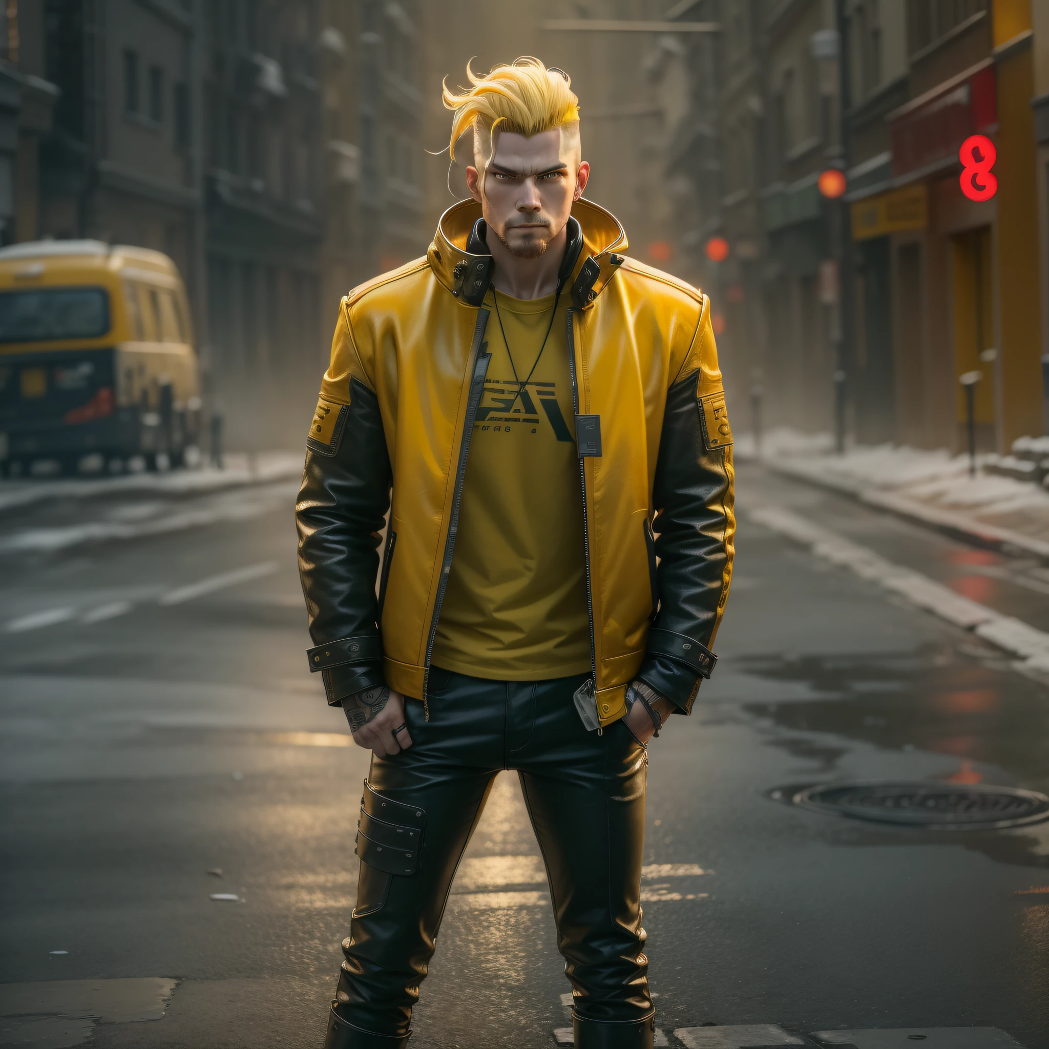 Task ID:48193229307973 Nordic man standing in the street with undercut haircut and yellow leather jacket and hair, Portrait of a Bloody Hunter , Badass anime 8k