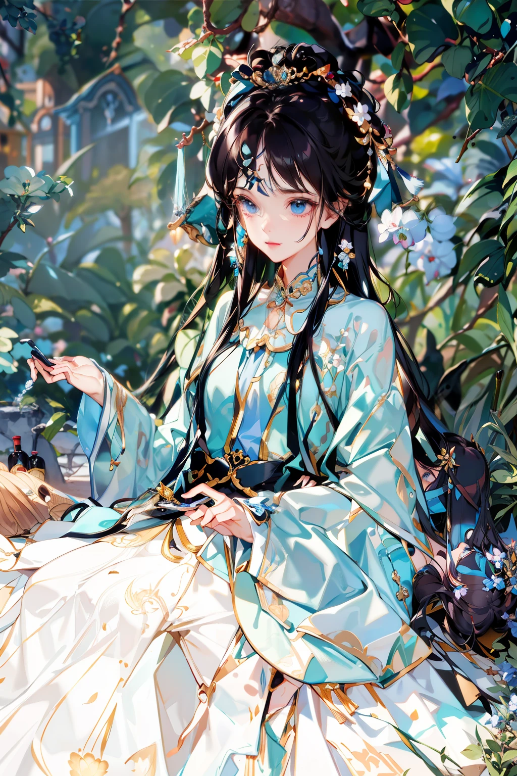 A court princess,Elegant,The phone holds a bottle of distinguished facial cleanser,The background is a gorgeous palace