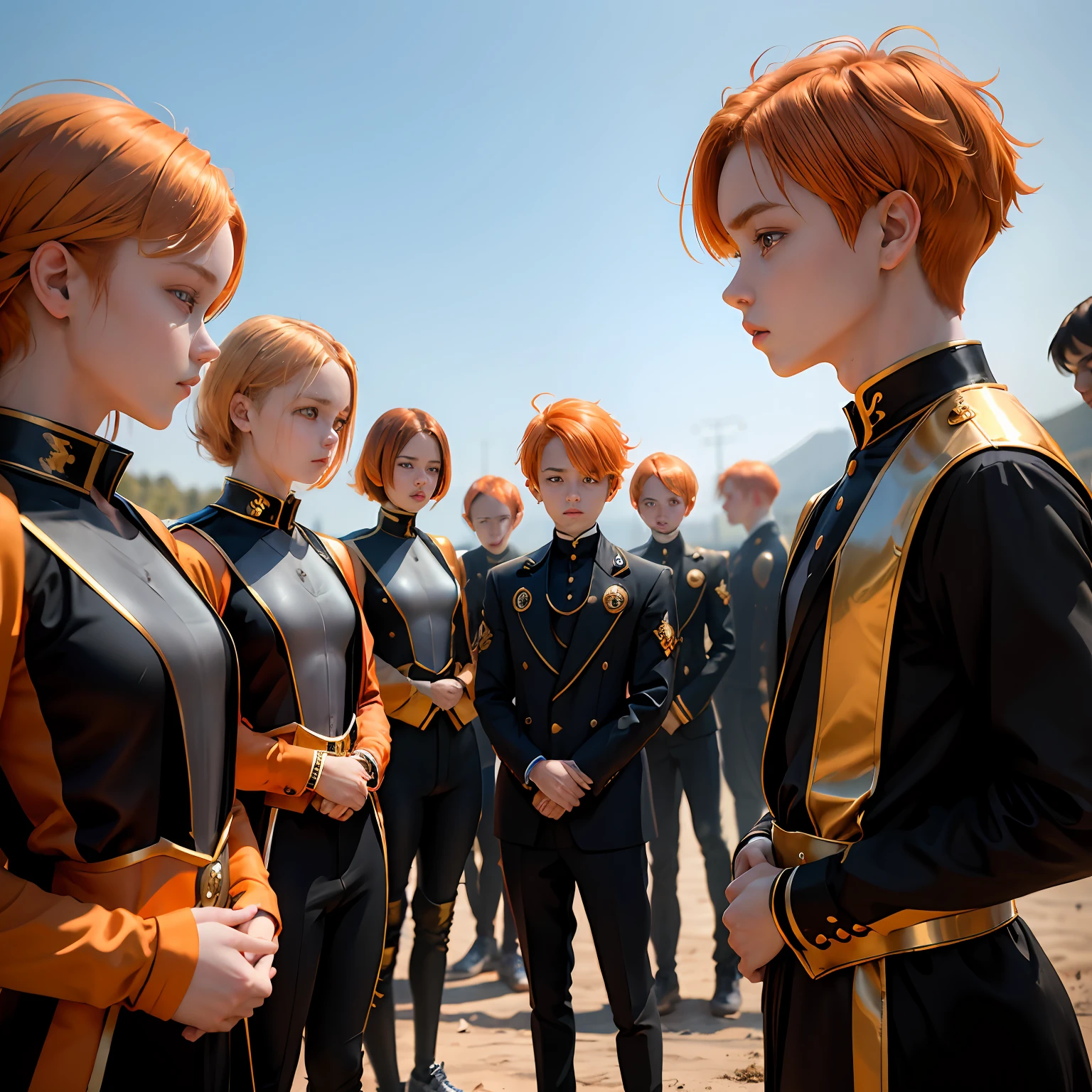 Group of 15-year-old agers in training trained in ilera all have orange hair and orange eyes and wear elegant black and gold etiquette suits.