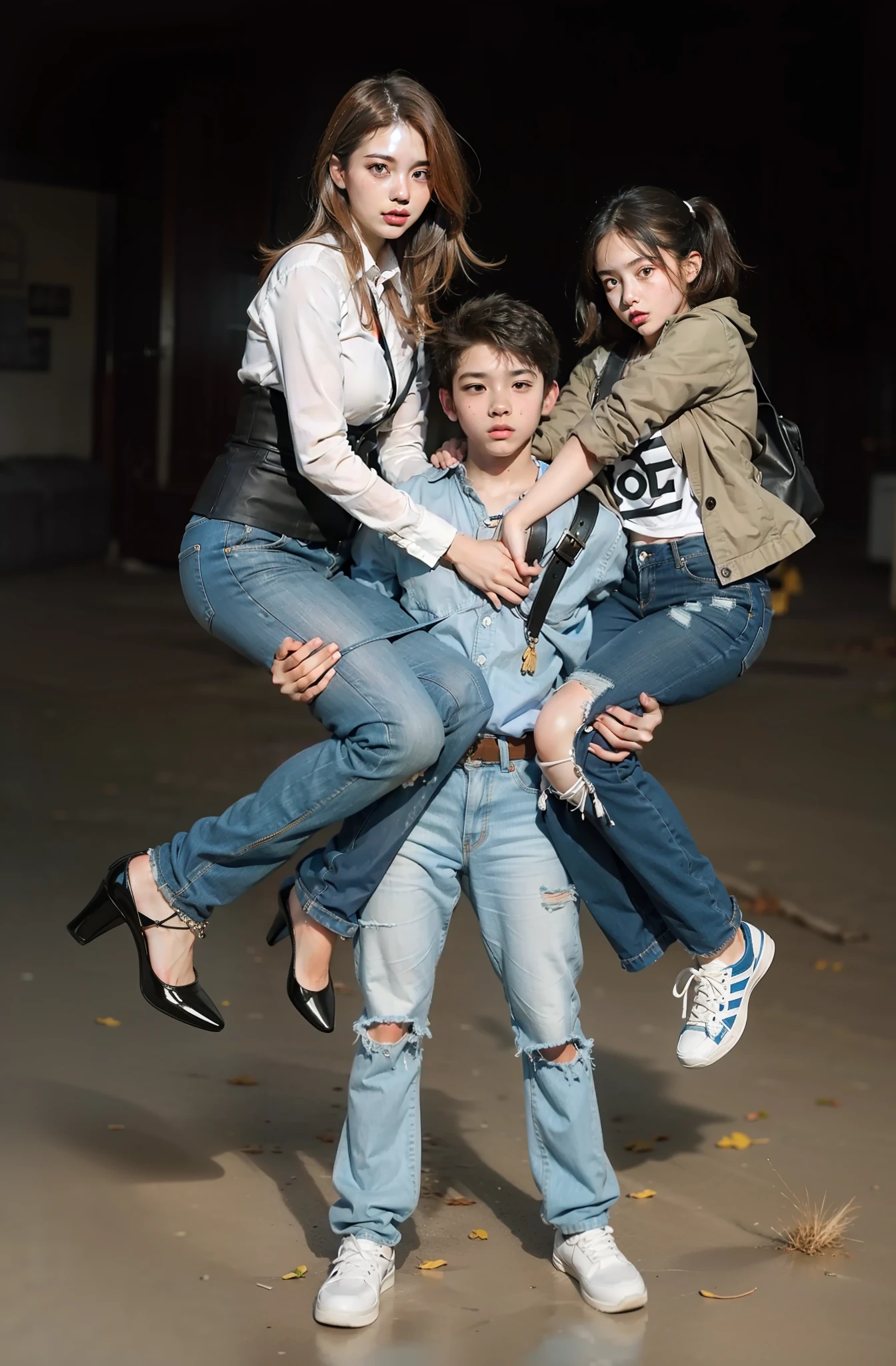 13-year-old Caucasian boy lifting and carrying two beautiful Caucasian women