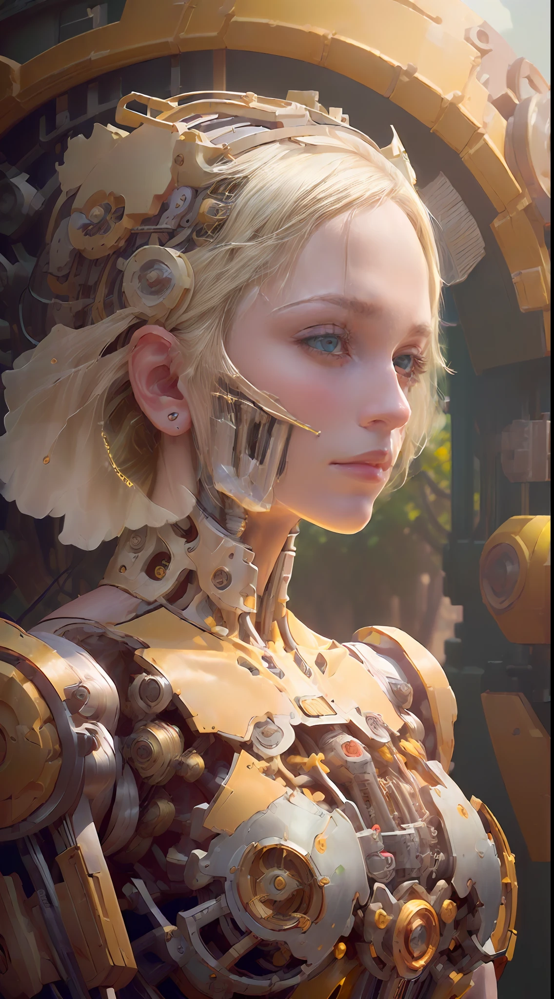 (mechanicalparts:1.5), pretty 1girl, absurderes, 8K  UHD, Platinum blonde hair, Bob cut, Medium breasts, yellow ear, yellow glowing chest, Garden background, Flowers, magnolias, apple trees, (Masterpiece:1.3), (Best quality:1.1), (intricately details:1.1), (Top down:1.5), (Close up:1.5), background machinery