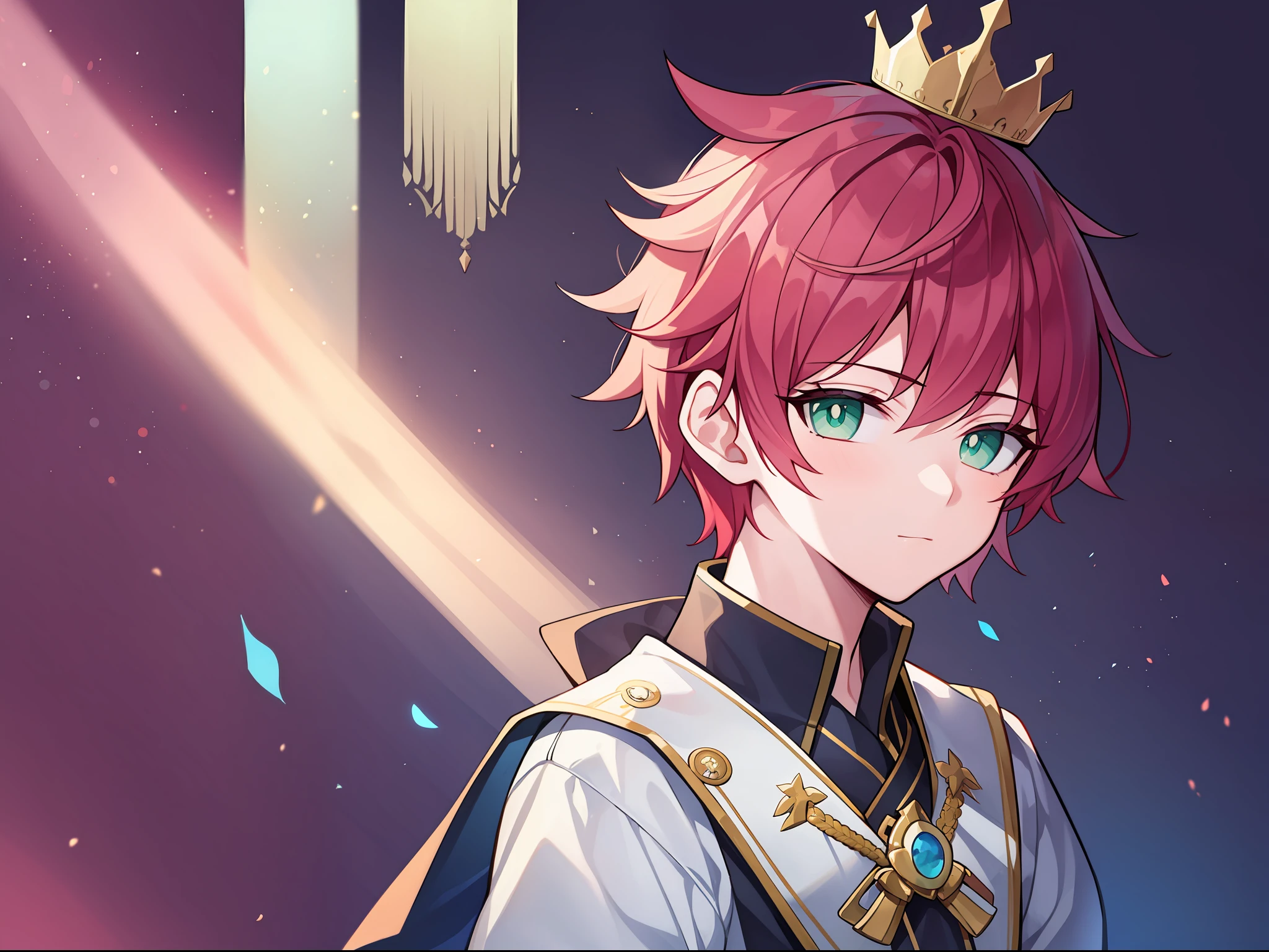 top-quality、dark backgrounds、Young idol young man with red hair wearing clothes with white motif、Asymmetrical diagonal hairstyle、Wearing a red crown、独奏、Surrounded by pale blue round light、Wistful gaze、Green eyes、dark backgrounds、Gaussian effect、Backgrounds with depth、Fantastical