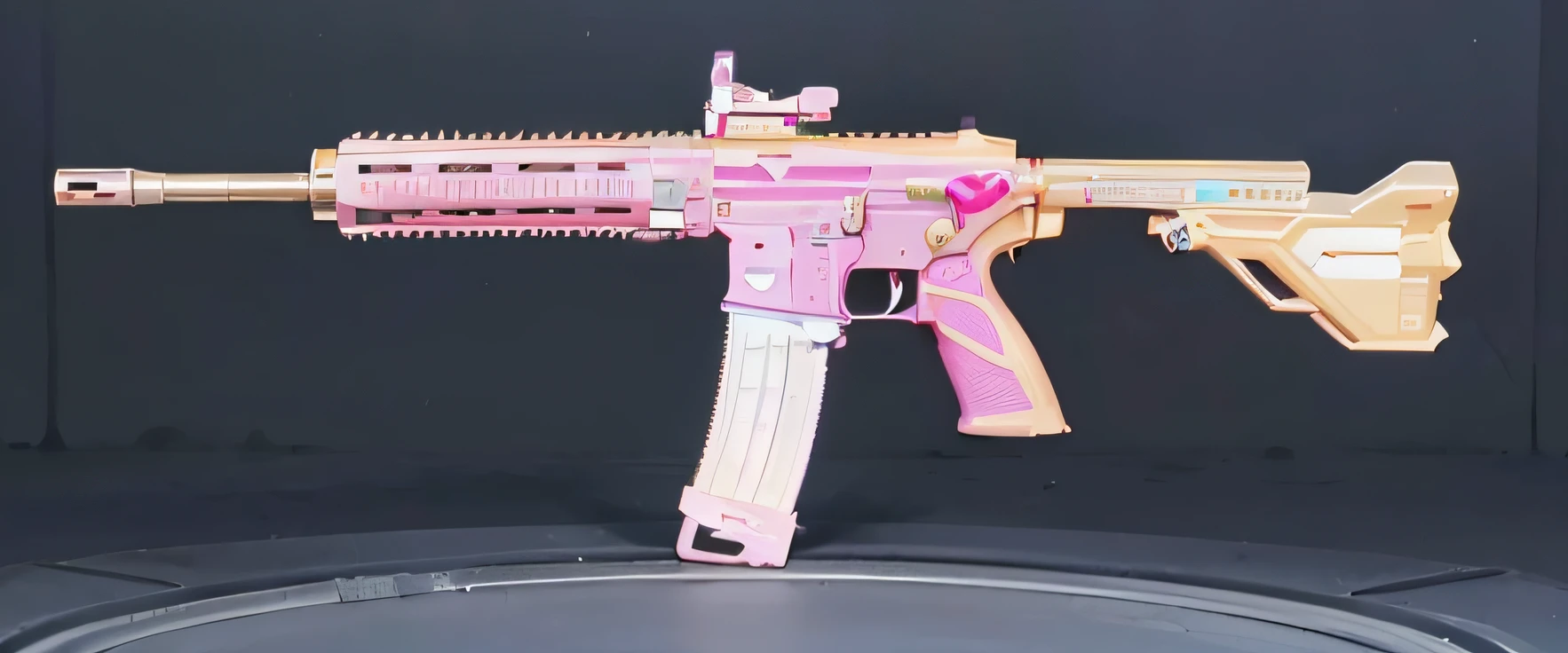 A pink toy gun with a pink handle on the black surface, m4 sopmod ii girls frontline, realistic weapons, Pink skin, fuschia skin, Pearlescent skin, ultra realistic ar 16:9, brown tanned skin, smooth fuschia skin, fuchsia skin, holding pdw, thicc build, SMG, realistic weapons