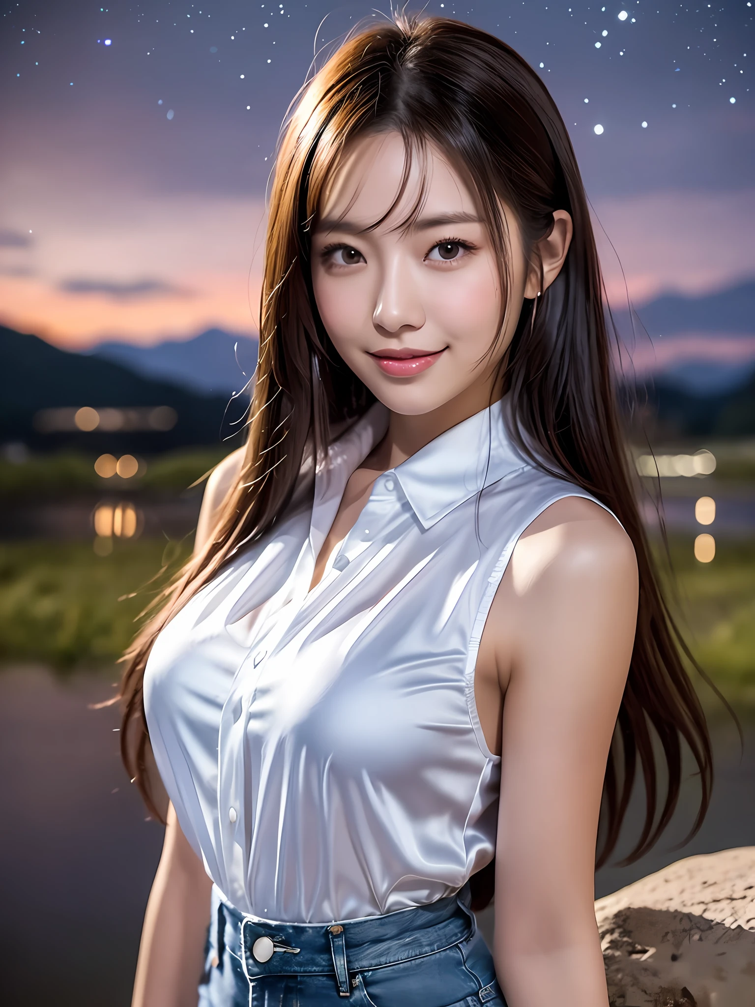 masterpiece, cowboy shot, front view at night, 1 woman per 1 photo, a Japanese young pretty woman, hyper pretty face, 18 years old, glamorous figure, wearing a sleeveless shiny satin white silk blouse with collared, wearing hot pants of denim, unbuttoned her shirt on her chest, a big smile, standing by a lake surrounded by mountains of countryside in Japan, fireworks festival in the night sky behind her, glossy lips, double eyelids for both eyes, natural makeup, long eyelashes, shiny smooth light brown hair of medium length, asymmetrical bangs, tanned skin, central image, 8K resolution, high detail, detailed hairstyle, detailed face, movie lighting, octane rendering, vibrant, hyper realistic, perfect limbs, perfect anatomy