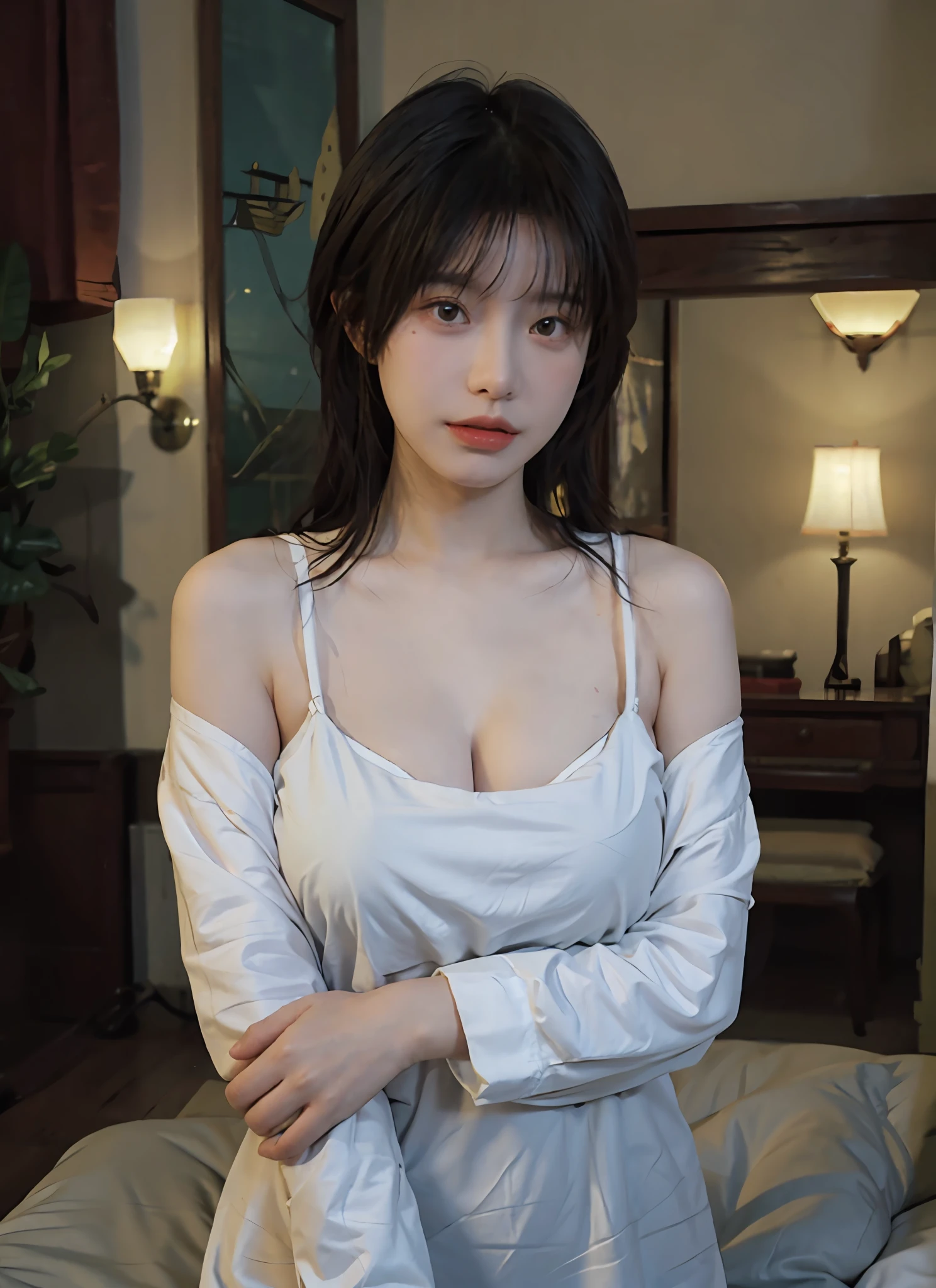 best qualtiy，tmasterpiece，超高分辨率，（realisticlying：1.4），1个Giant Breast Girl，A pair of apricot eyes，looking at viewert，Raised sexy，（on cheongsam：1.2），（big cleavage breasts：1.3），（The upper part of the body：1.4）