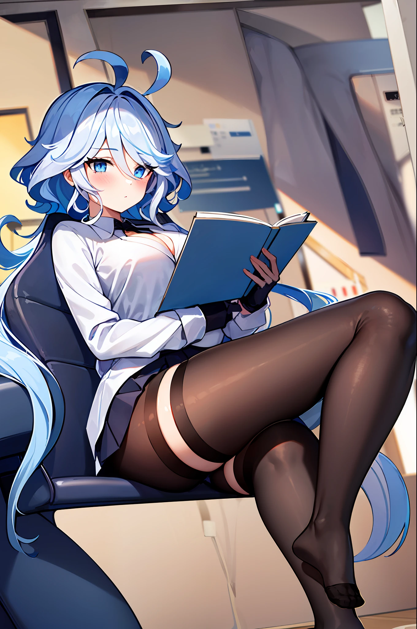 1girl, solo, ((white shirt)), black thighhighs, breasts, cleavage, uniform, office background, black skirt, pleated skirt, office,large breasts, looking at viewer, BLUE SEA HAIR, solo, thighhighs, thighs, very long hair, ((masterpiece)), sitting, chair, desk,use pantyhose, name tag, id tag, indoor, blush, sexy pose,