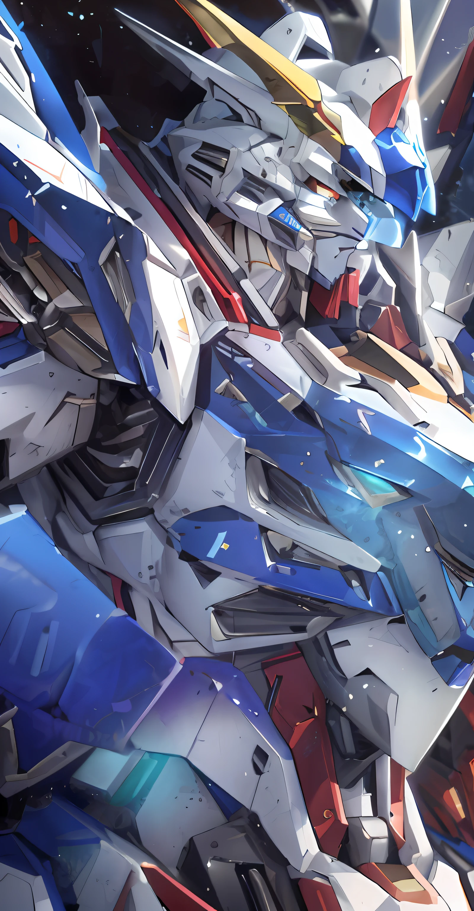 Close-up of a large robot model with a blue and white body, anime mecha aesthetic, cool mecha style, barbatos mobile suit, Barbatos Gundam, macross franchise, # Mecha, gundam style, on a gundam, anime large mecha robot, high detail 8k render, high detail 8 k render