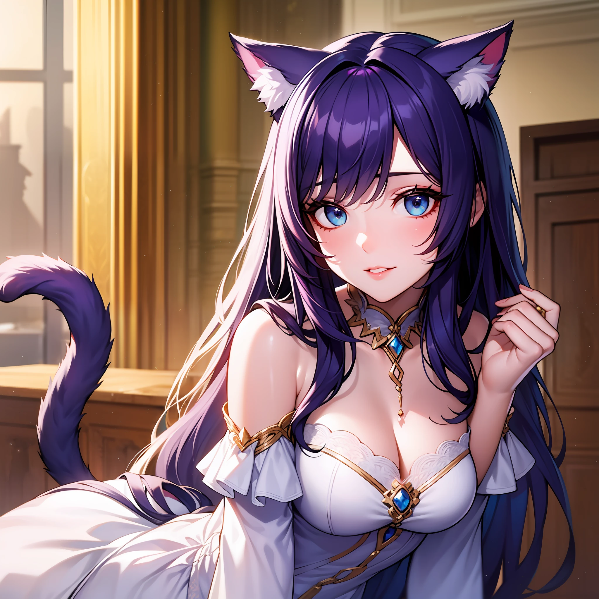 Girl, cute features, bright blue eyes, long dark purple hair, white light dress with cute jewels, cat ears and tail