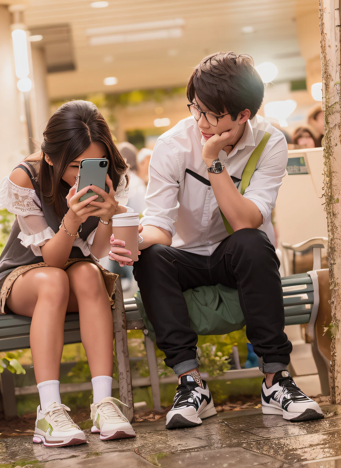 Two people sitting on benches looking at their phones, couple, , cute couple, couple pose,