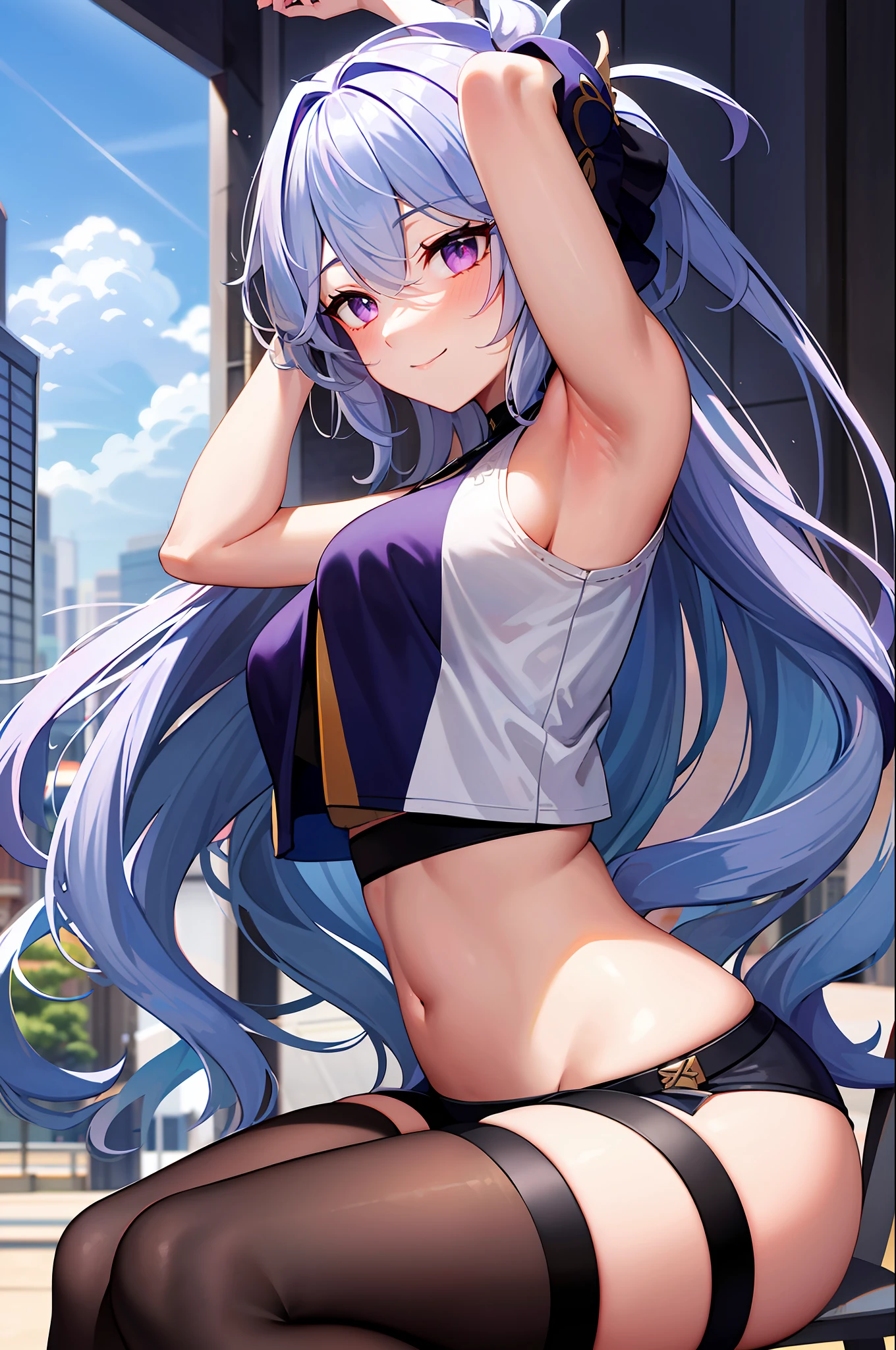 masterpiece, best quality, ultra-detailed), Focalors \(genshin impact\), (purple hair), swept bangs, braid, braided bangs, purple eyes, pink eyes,
(wearing a t-shirt:1.2), sitting on a chair outside of caf, embracing the natural beauty, sunlight, beautiful cloudy sky, city, street, denim shorts, black stocking,
medium breasts, thick thighs, critical angle, cowboy shot, arm behind head, arm behind back, armpits, light smile, crop top, strong and seductive expressions