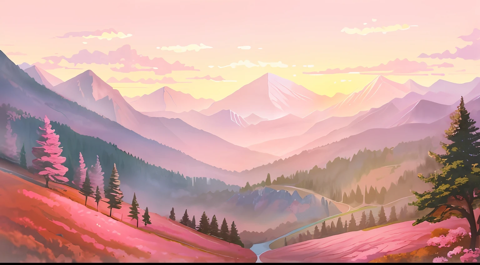painting of a mountain landscape with a lake and trees, anime landscape, pink landscape, scenery artwork, background artwork, detailed scenery —width 672, 4k digital painting, 4 k digital painting, detailed painting 4 k, anime countryside landscape, detailed digital painting, dreamy landscape, anime landscape wallpaper, digital 4k painting, background art, painted landscape