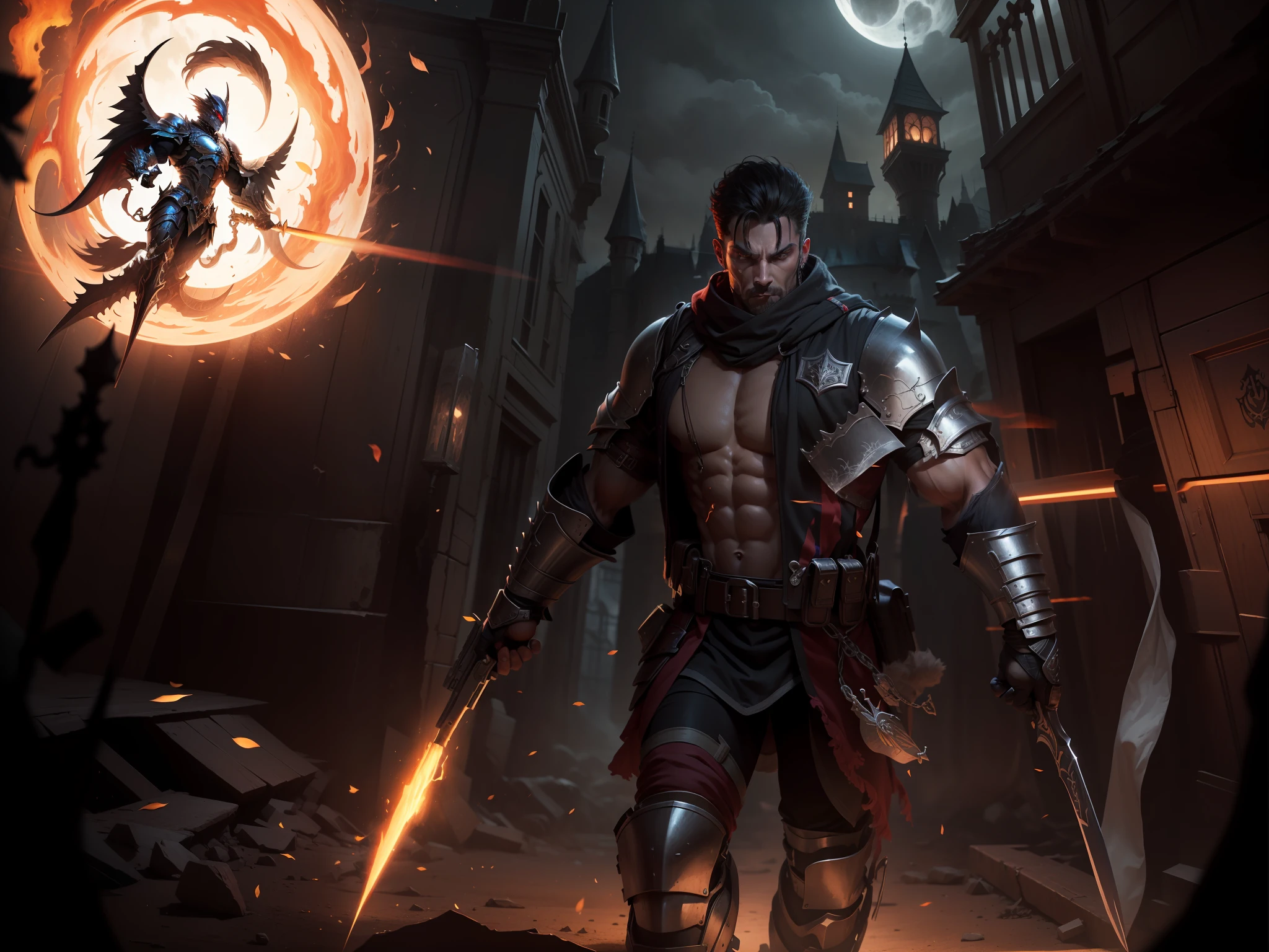 1 man, armor,standing on the dark moon,theme castle broken,2 weapon kukri red fire detailed,muscular man,warrior fighting in a dark scene,red eyes light electrical,