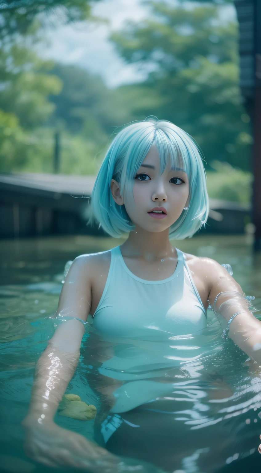 Rei Ayanami, (Face the camera directly), (Immerse in water to ankle depth), Realistic beautiful girl full body portrait, 13 years old, Fantastic face, In a sitting position, playing in the water, Midsummer sky and Japan countryside, Cinematic, Reallife Human,