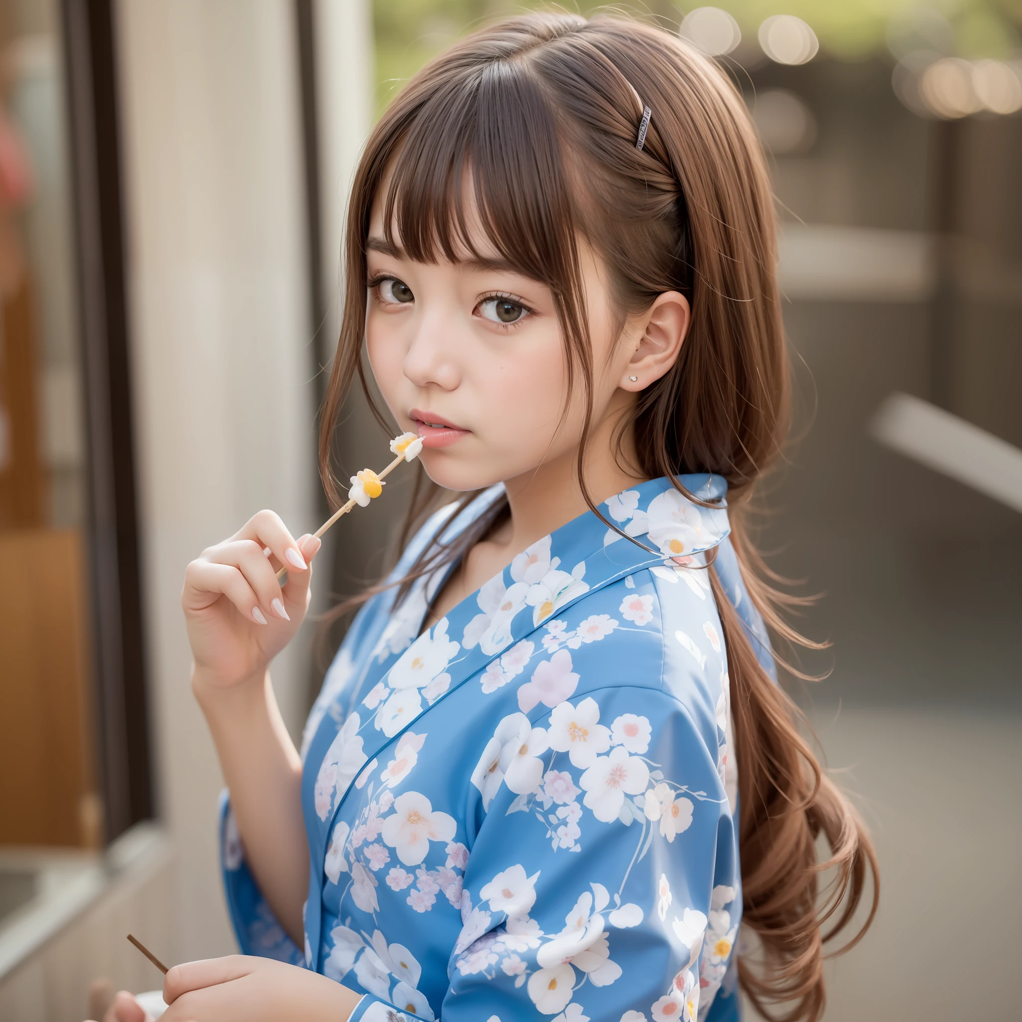 16 year old girl in yukata、Eating apple candy、cute little、The background is a festival