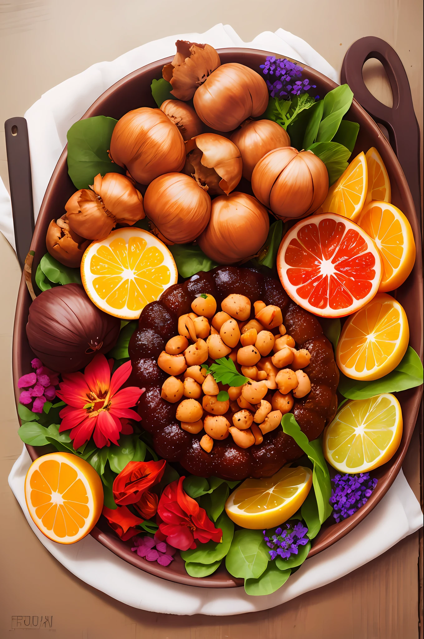 Uma salada colorida com folhas, frutas, Edible chestnuts and flowers.