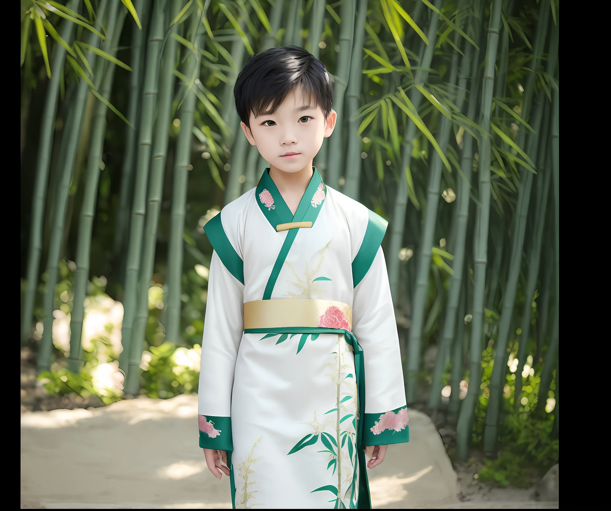 A young boy dressed in traditional dress stands in front of a bamboo tree, Wearing ancient Chinese clothes, Traditional Chinese clothing, Hanfu, Chinese costume, Chinese traditional, inspired by Emperor Huizong of Song, traditional tai costume, with acient chinese clothes, inspired by Xuande Emperor, White Hanfu, Palace , A boy in Hanfu, Chinese style