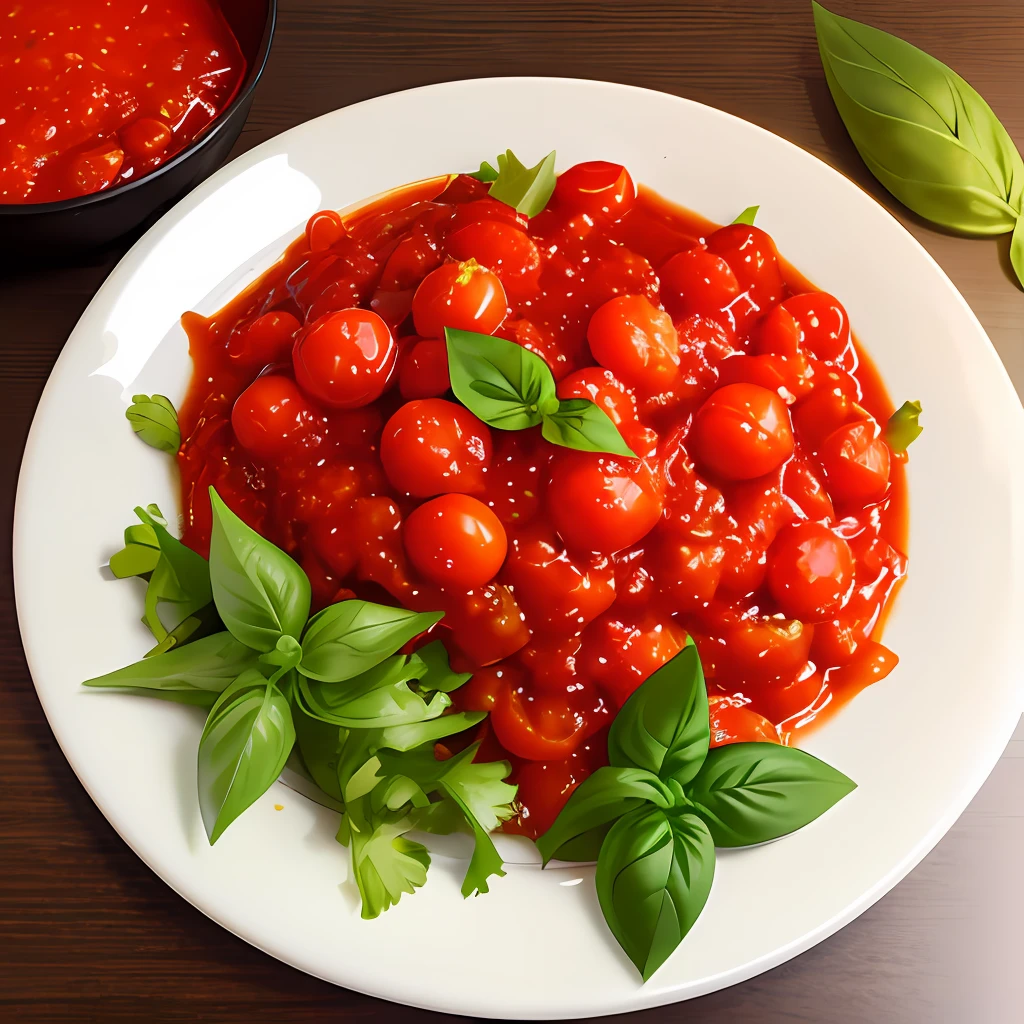 A plate of cutlery with fresh tomato sauce and basil.